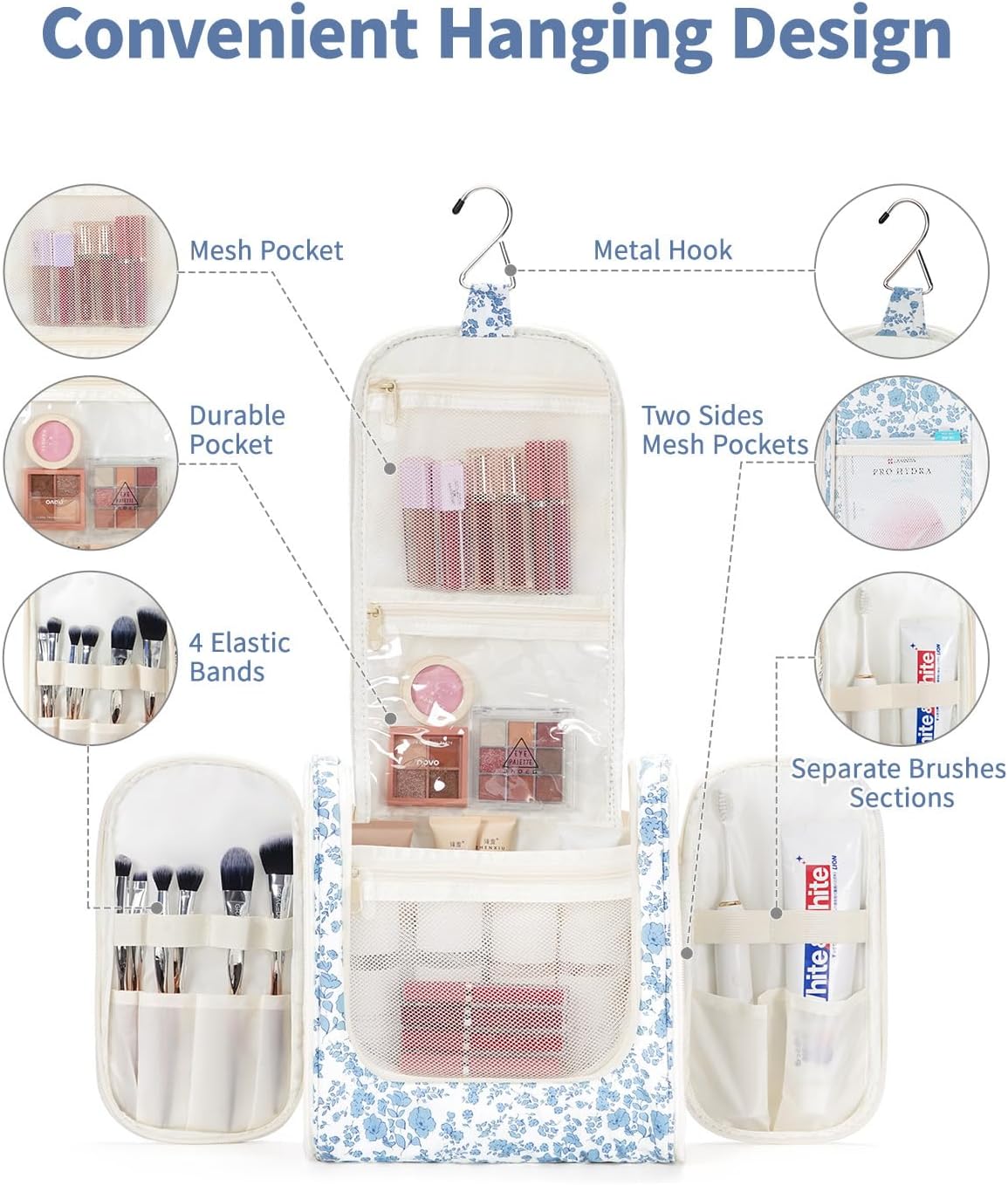 Narwey Large Hanging Toiletry Bag for Women Travel Makeup Bag Make up Organizer Toiletries Bag for Cosmetics Essentials Accessories (Large, Little Blue Flower) - Image 2
