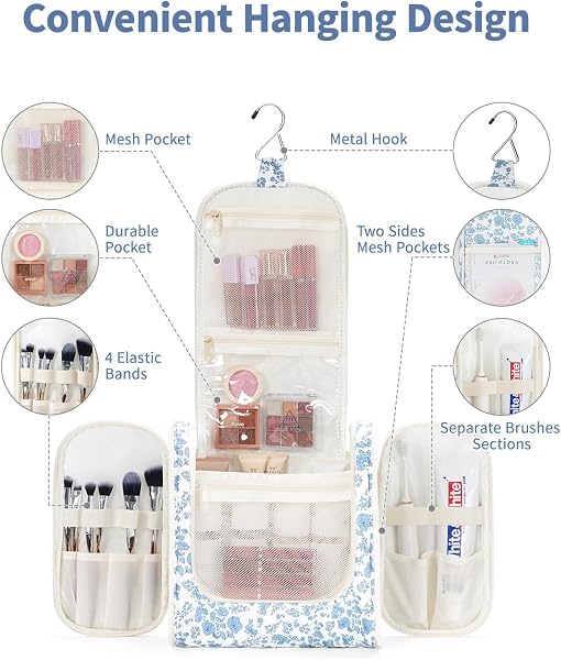Narwey Hanging Toiletry Bag for Women Travel Makeup Bag Organizer Toiletries Bag for Cosmetics Essentials Accessories (Large, Little Blue Flower) - 2