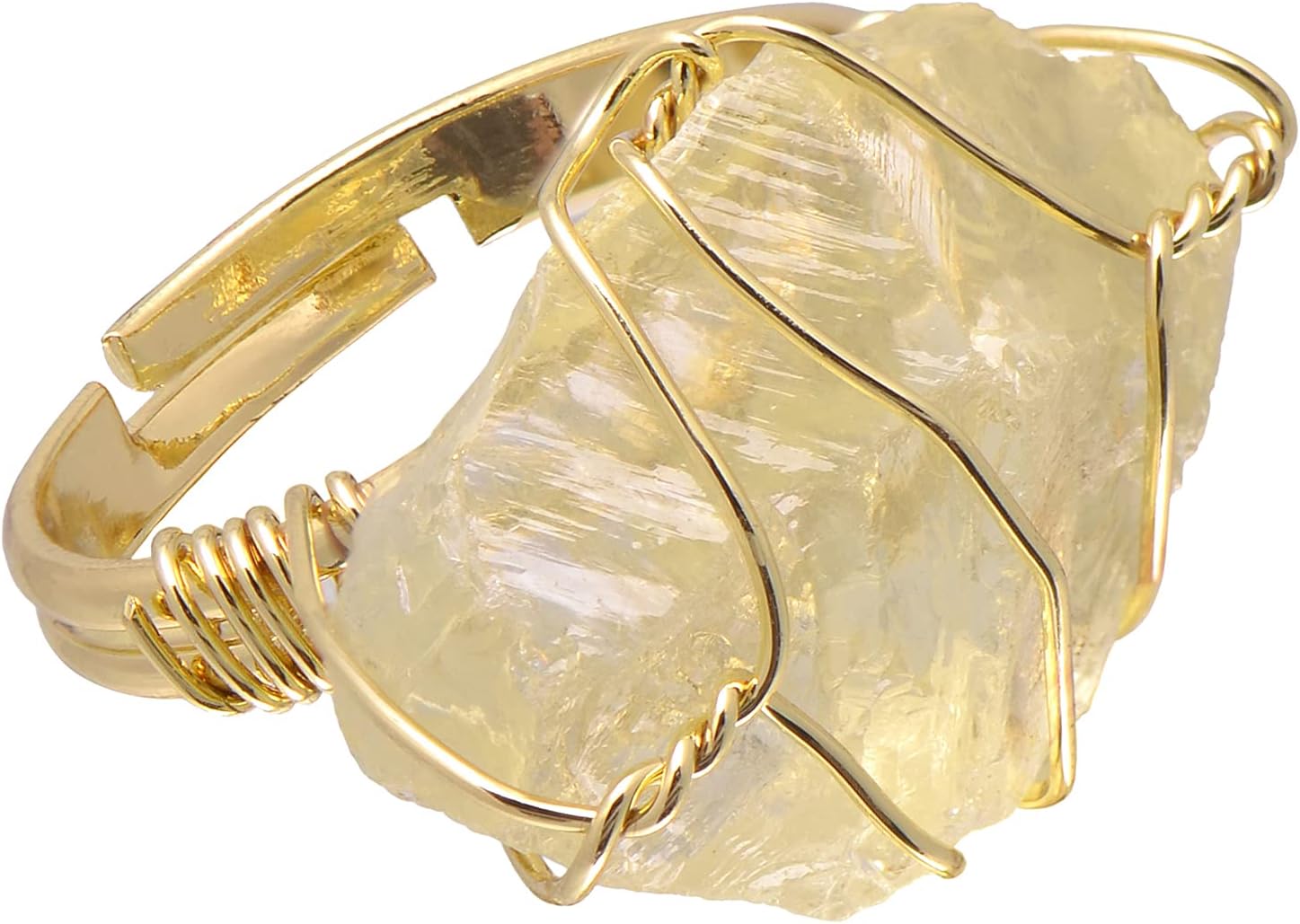 Natural Crystal Rough Stone Wire Wrapped Ring, Yellow Gold Tone