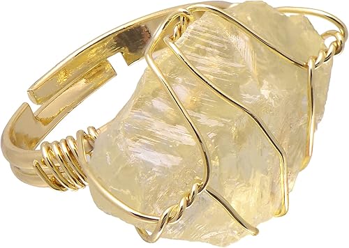 Anillo de cristal de piedra amarilla áspera de cuarzo limón natural