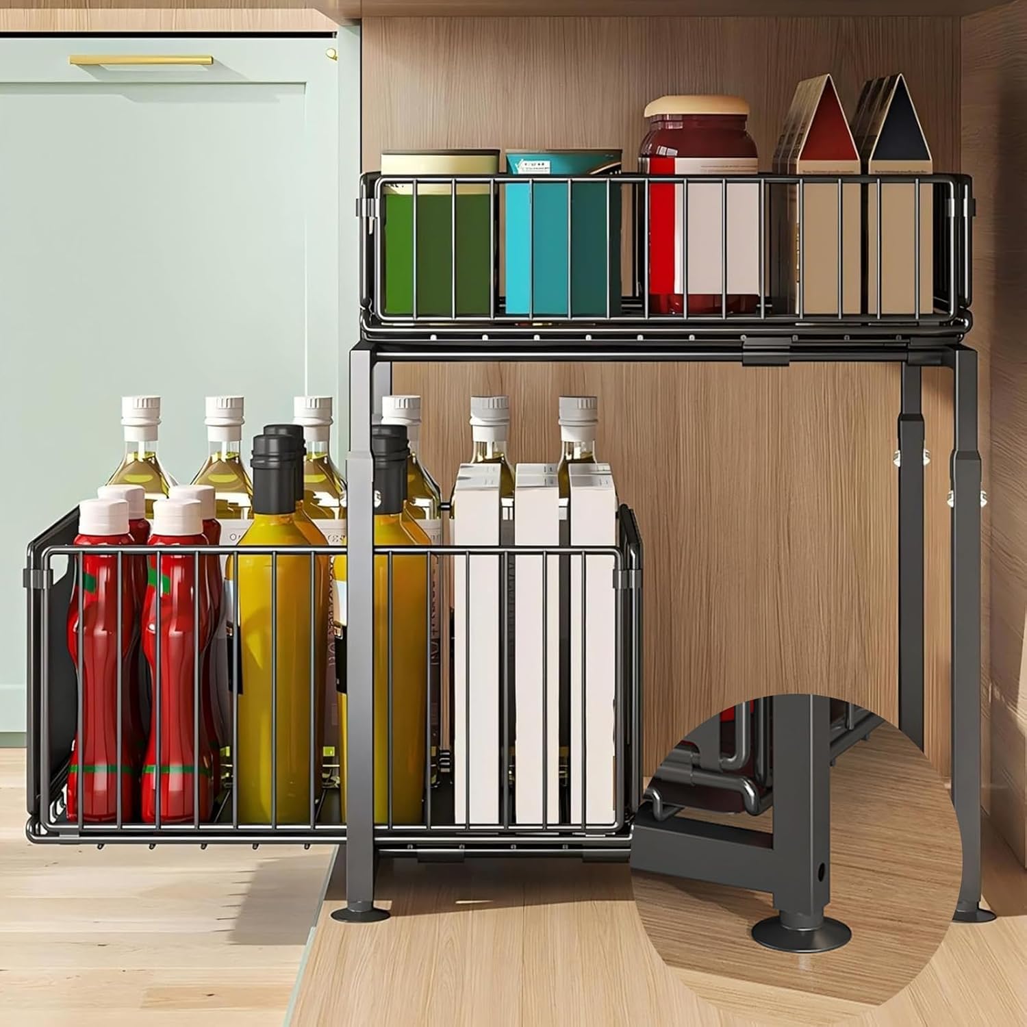 Rangement sous Évier en Métal à 2 Niveaux, Coulissant Organisateur Sous Evier, Organiseur Hauteur Réglable, Rangement Produits Menagers, Rangements Cuisine, pour Cuisine, Bureau, Bain