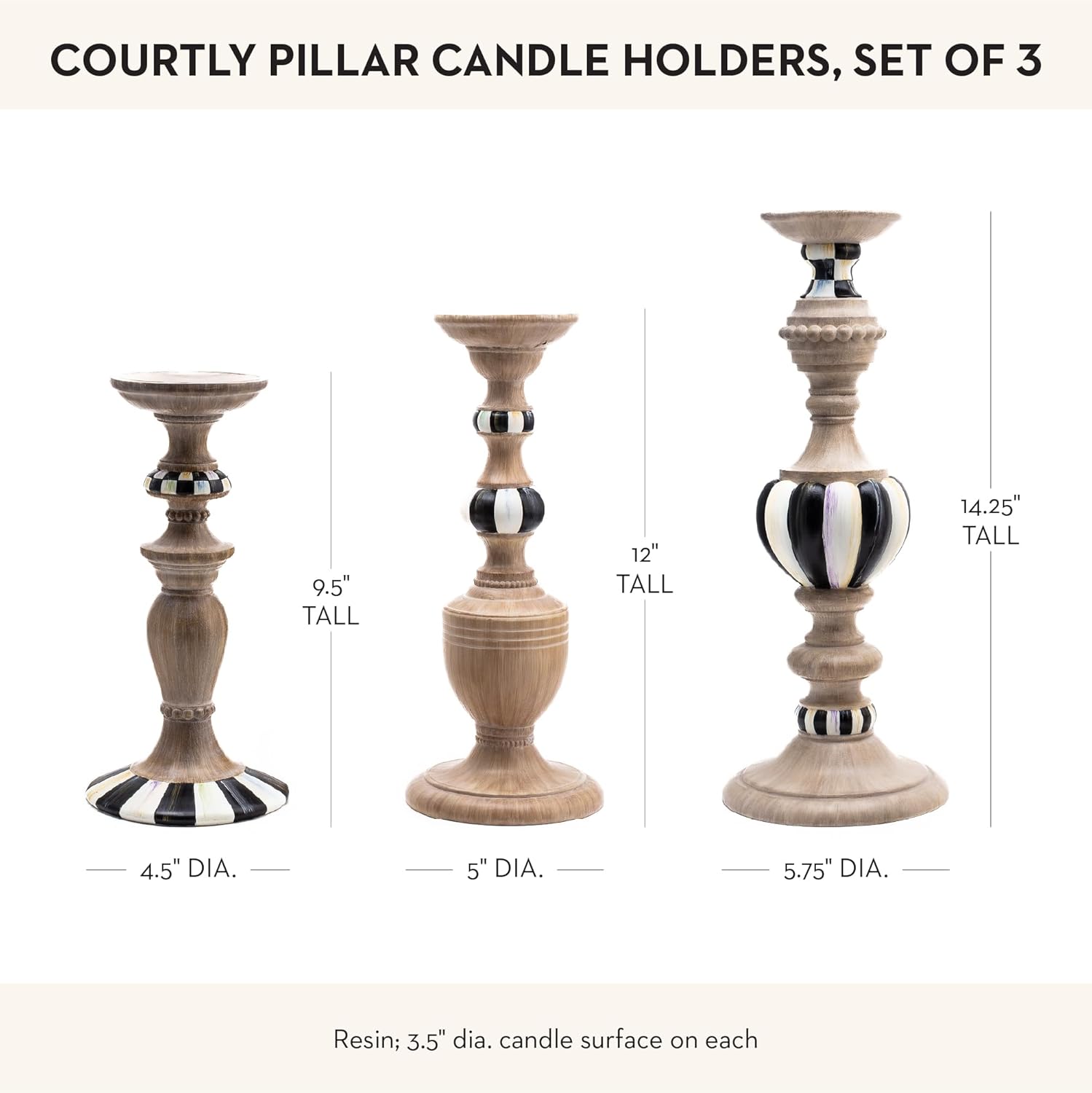 MACKENZIE-CHILDS Pillar Candle Holders, Decorative Candlesticks, Black-and-White Courtly Check and Courtly Stripe, Set of 3