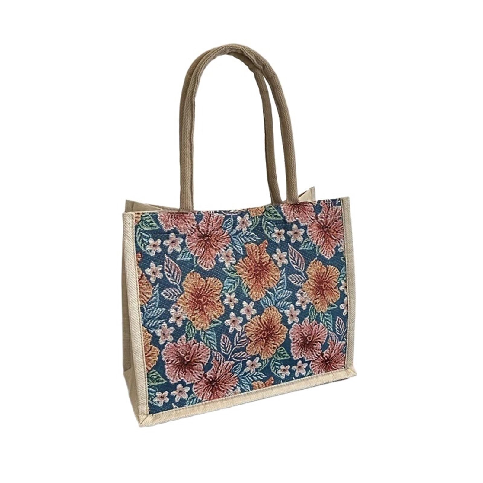 OZLCUA Jute Bags Linen Button Vintage Handbag Women Tote Large Capacity Grocery Bag Gift Bag Beach Organizer Portable Shopping Lunch Bag Retro Tote Linen Bags(Bule)