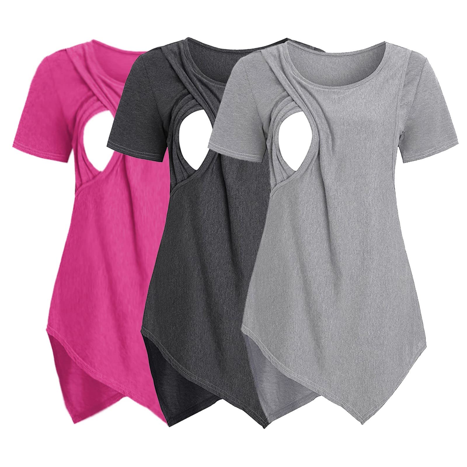 Top de encaje para mujer, verano, ropa de maternidad, manga corta, cuello redondo, monocolor, asimétrica, camiseta para lactancia, paquete de 3 blusas a rayas para mujer
