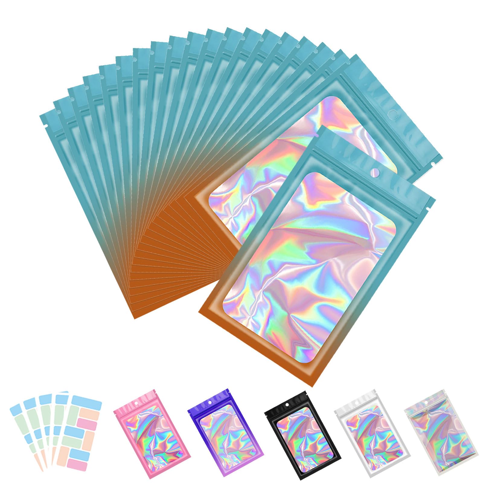 MR.KIANGCI 100 Pack Holographic Resealable Bags, Zipper Closure, Polyester Material, Iridescent Color, Leak-Resistant, Food-Grade, 2.4 x 3.9 Inch,