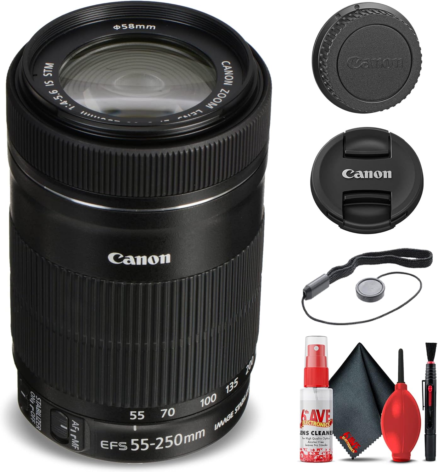 Canon EF-S 55-250mm f/4-5.6 is STM Lens (8546B002) + Filter Kit + Cap Keeper + Cleaning Kit + More (Renewed)
