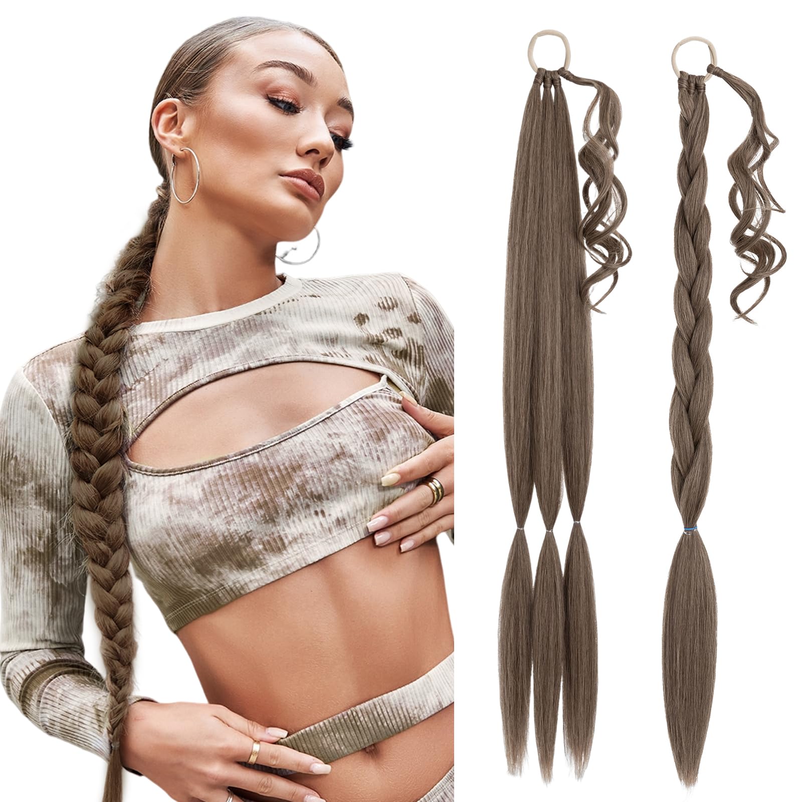 MY-LADY Extensiones de Pelo Coleta Trenzada, 86 cm Coleta Postiza de pelo Larga para Mujeres DIY Envolvente Ponytail Extensiones de Cola de Caballo Sintético, Castaño Claro mezcla Rubio Dorado Medio