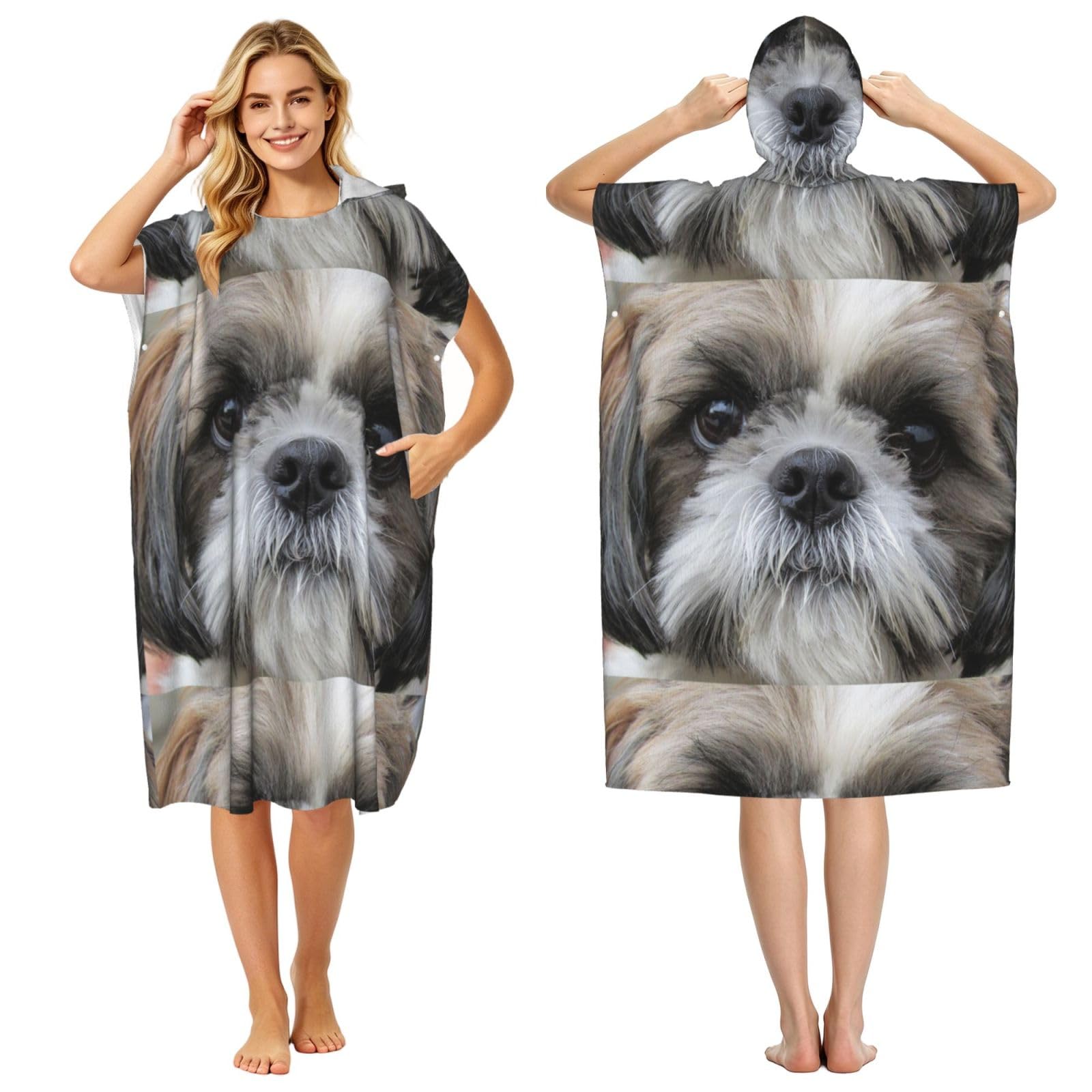 Poadnly Cute Shih Tzu, Adult Hooded Beach Towel 90 x 110 cm,Changing Bath Robe, Surf Poncho Towel For Women Men