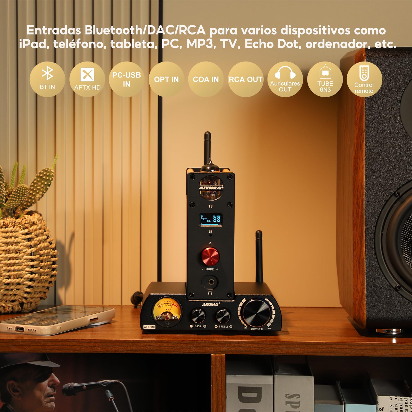 AIYIMA T8 6N3 preamplificador de tubo digital QCC3031 preamplificador Bluetooth 5.0 USB DAC amplificador de auriculares decodificador de audio estéreo óptico coaxial compatible con APTX
