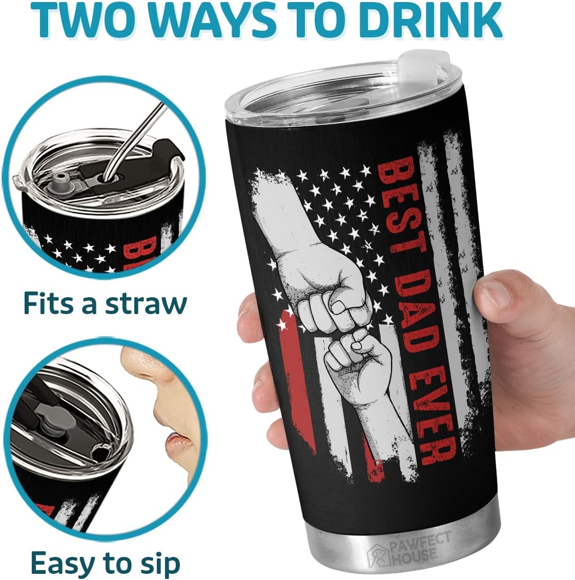Pawfect House Best Dad Ever Tumbler, Christmas Birthday Gifts For Dad, Husband, Stepdad, 20 Oz Stainless Steel Tumbler, Papa Gifts From Daughter Son Wife, Fist Bump Tumblers For Daddy, Father - Image 5