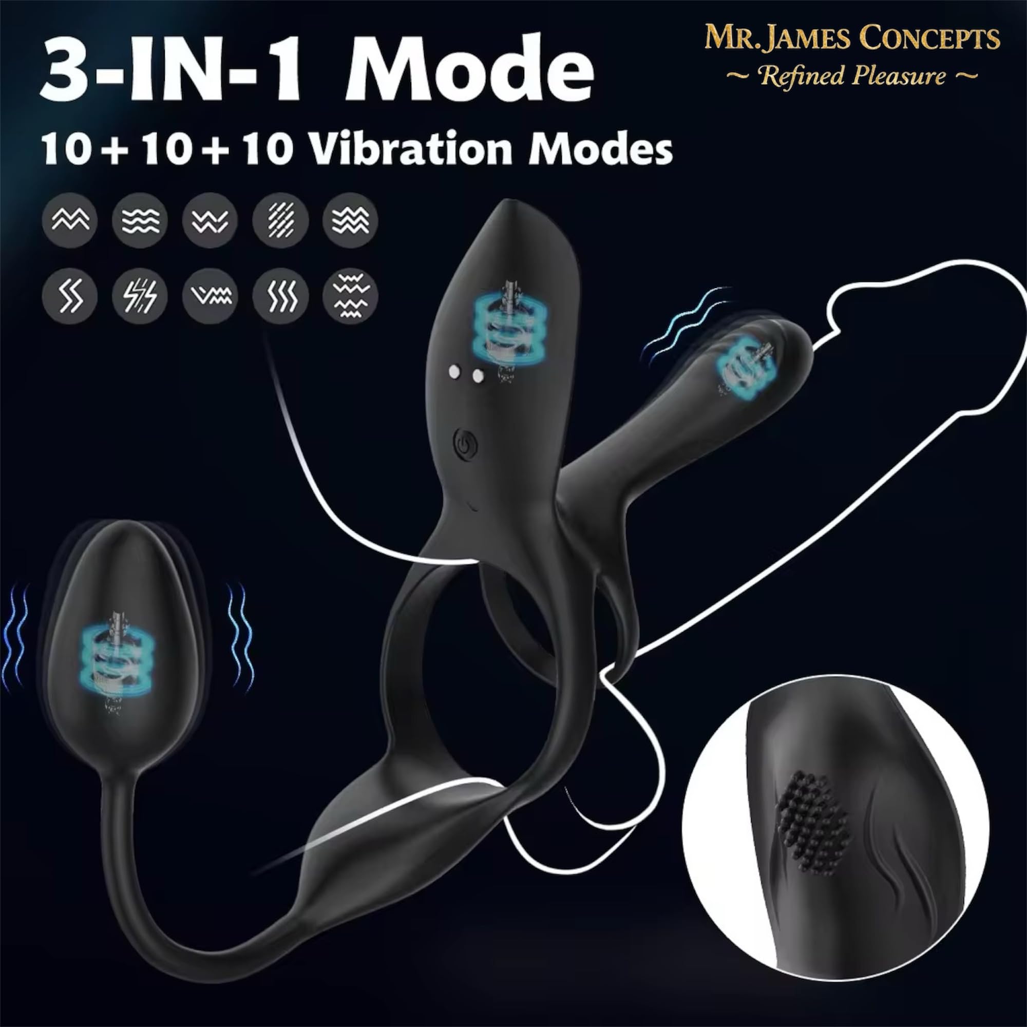 Mr. James Concepts – Stimolatore prostatico with Dual Ring – USB Magnetic Ricaricabileee maschile Vibrator, 10+10+10 modalità, Stretchable silicone, impermeabile, telecomando, Fits All