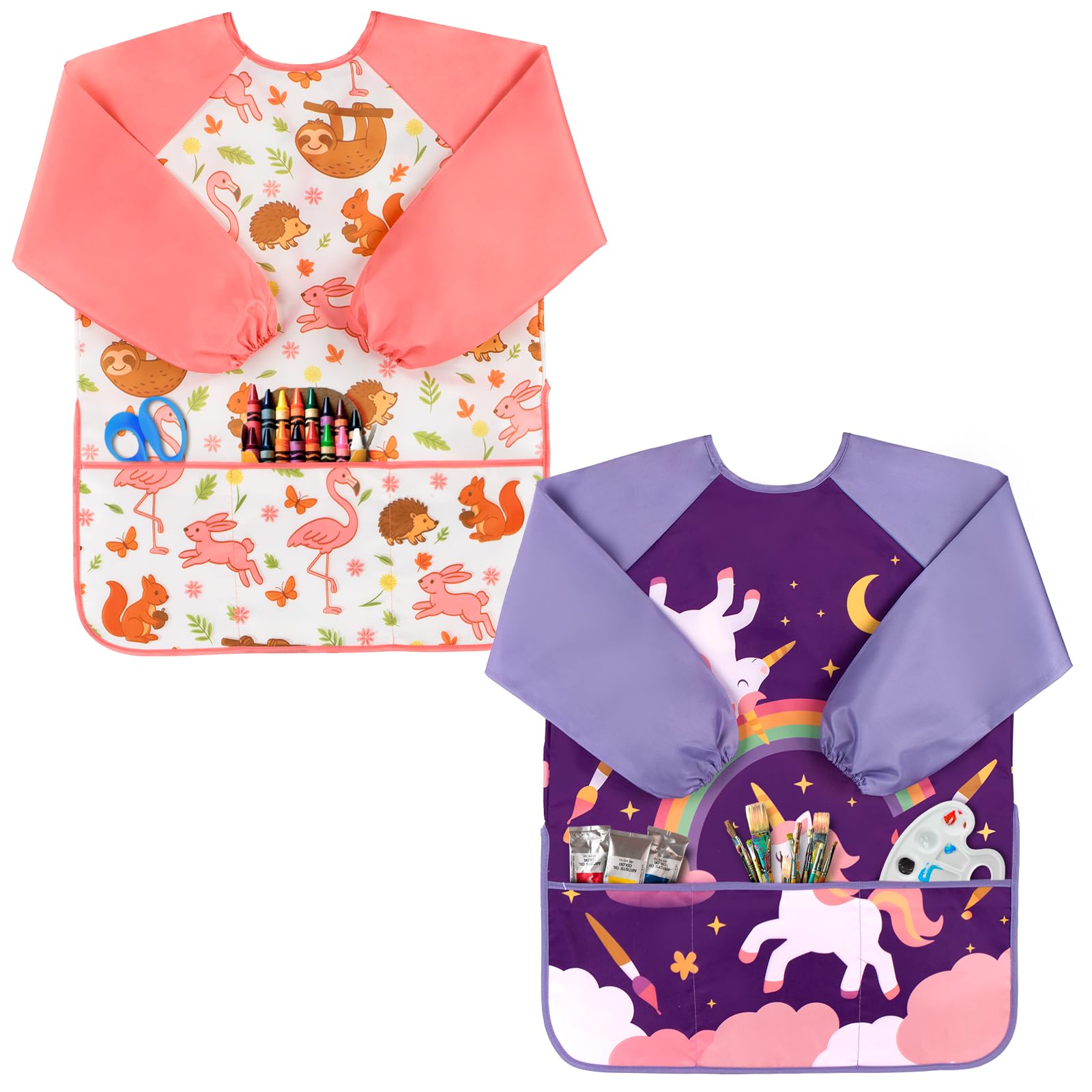 Oiomniv Kinder Malschürze 2 Stück – Wasserdichte Malkittel mit langen Ärmeln und 3 Taschen, waschbare Schürzen für Kinder von 3–8 Jahren