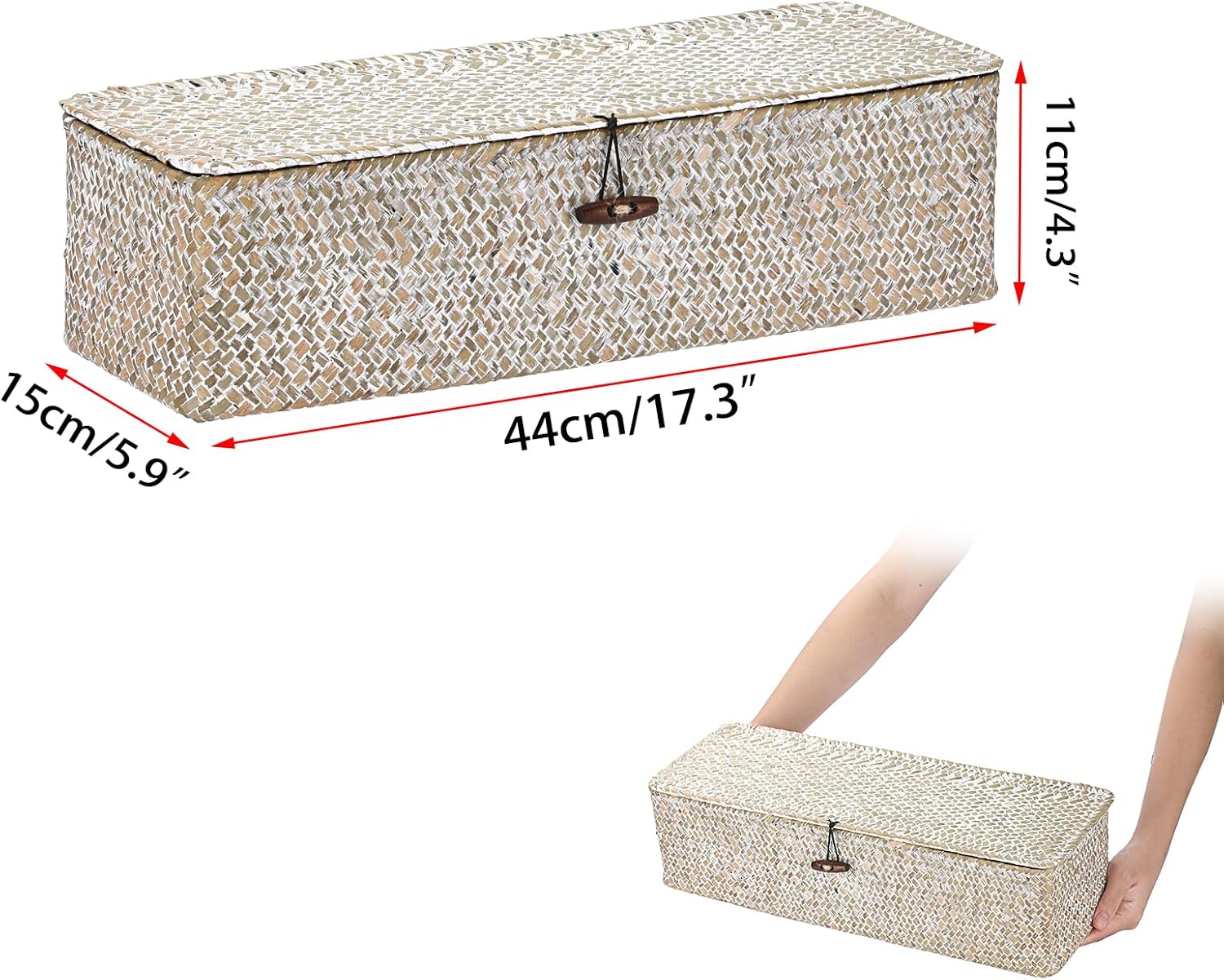 Sumnacon Extended Seagrass Storage Basket with Lid 3-Section Wicker Storage Basket,Small Woven Shelf Basket for Toiletries Tampon Storage,Seagrass Basket for Shelf Bathroom Toilet Counter,Whitewash