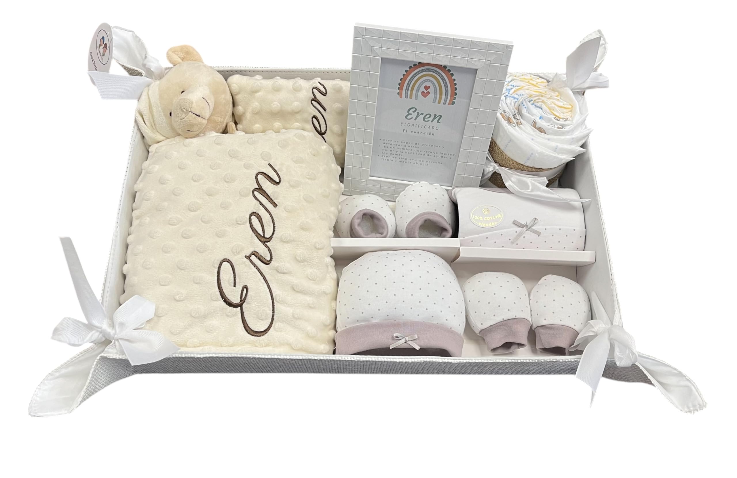 Danielstore Velvet Cesta para Regalo Recién Nacido, Canastilla Bebé Personalizada, Manta y Dou Dou Osito Bordada, Incluye Set de Primera Puesta y Pastel de Pañales (Deluxe 1 Beige)