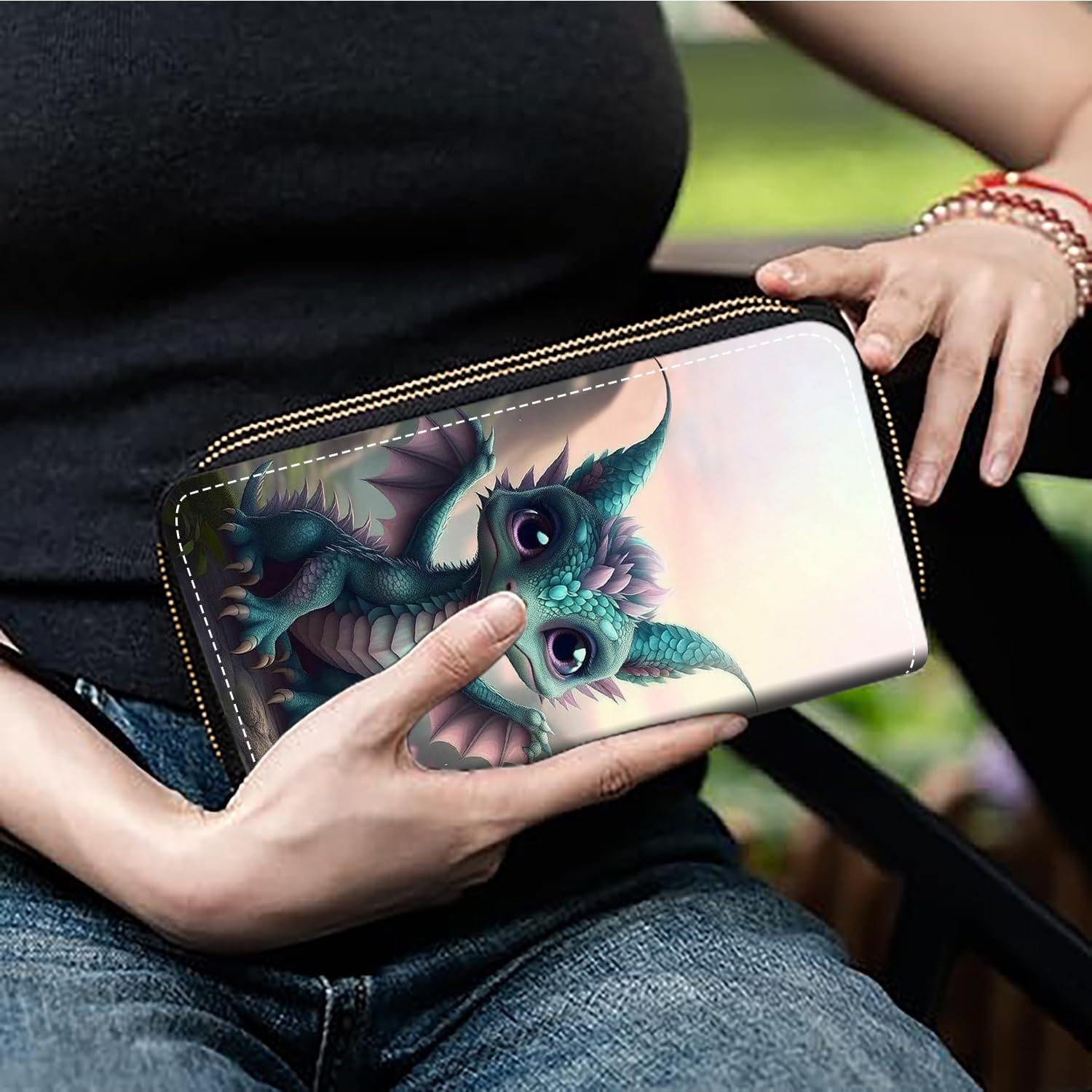 Green Dragon Baby Print Women's Large Capacity Wallet PU Leather Double Zipper Clutch Purse for Cash/Card/Coin/Smart Phone image 5