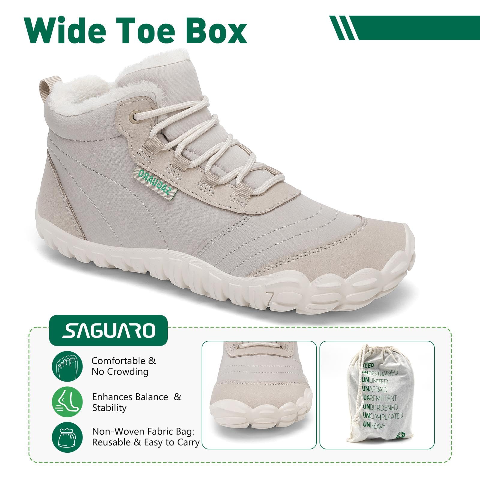 SAGUARO Stivaletti Barefoot Donna Invernali - Imbottiti Caldi, Punta Ampia & Suola a Drop Zero, Gr.36-42