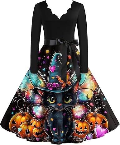 OIOLOYJM Sexy Plus Size Halloween Costumes Woman 2025 Long Sleeve V Neck Printed Gothic Retro Formal Party Dresses for Women