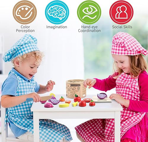 Miniatura 5 de WHOHOLL Juego de comida de madera para niños de cocina, accesorios de cocina para simular, cortar alimentos, juguetes Montessori para niños de más