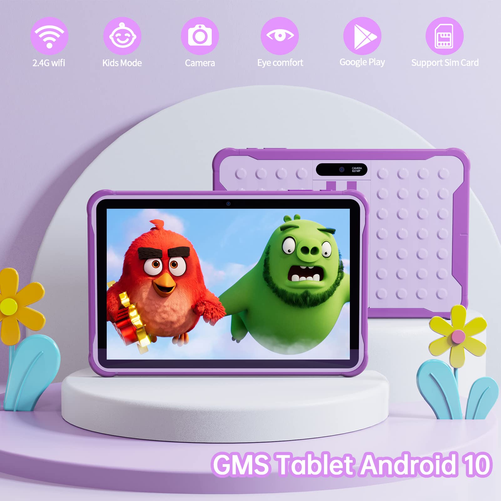 PRITOM 10 Inch Android 10.3G Phone Tablet, Child Lock, WiFi, 6000 mAh, Quad Core Processor, 2GB RAM, 32GB ROM, HD IPS Screen, for Children with Case (Purple)