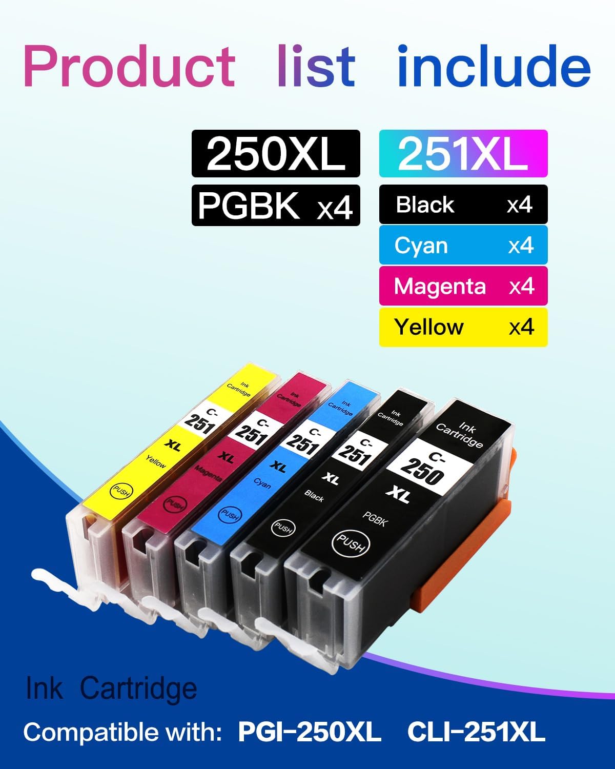 Compatible with Canon PGI-250XL CLI-251XL Ink cartridges, High Yield 20-Pack for PIXMA MX922 MX722 MG5420 MG5520 MG5620 MG6320 MG6420 MG6620 MG7120 MG7520 IP7220 IP8720 IX6820 Printers