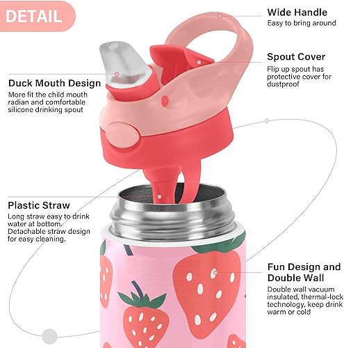 Miniatura 4 de ALAZA Strawberry Fruits - Botellas de agua para niños con tapas, con pajilla, botellas de agua de acero inoxidable aisladas de doble pared a prueba