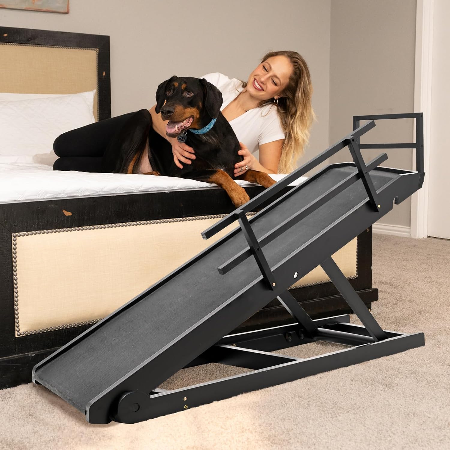 ABORON Folding Pet Ramp, 5-Level Adjustable Dog Ramp for Bed, Couch, SUV - High Traction Rubber Surface, Supports up to 200 lbs, 45.2" Long - Ideal for Small & Large Dogs & Cats,Black Finish