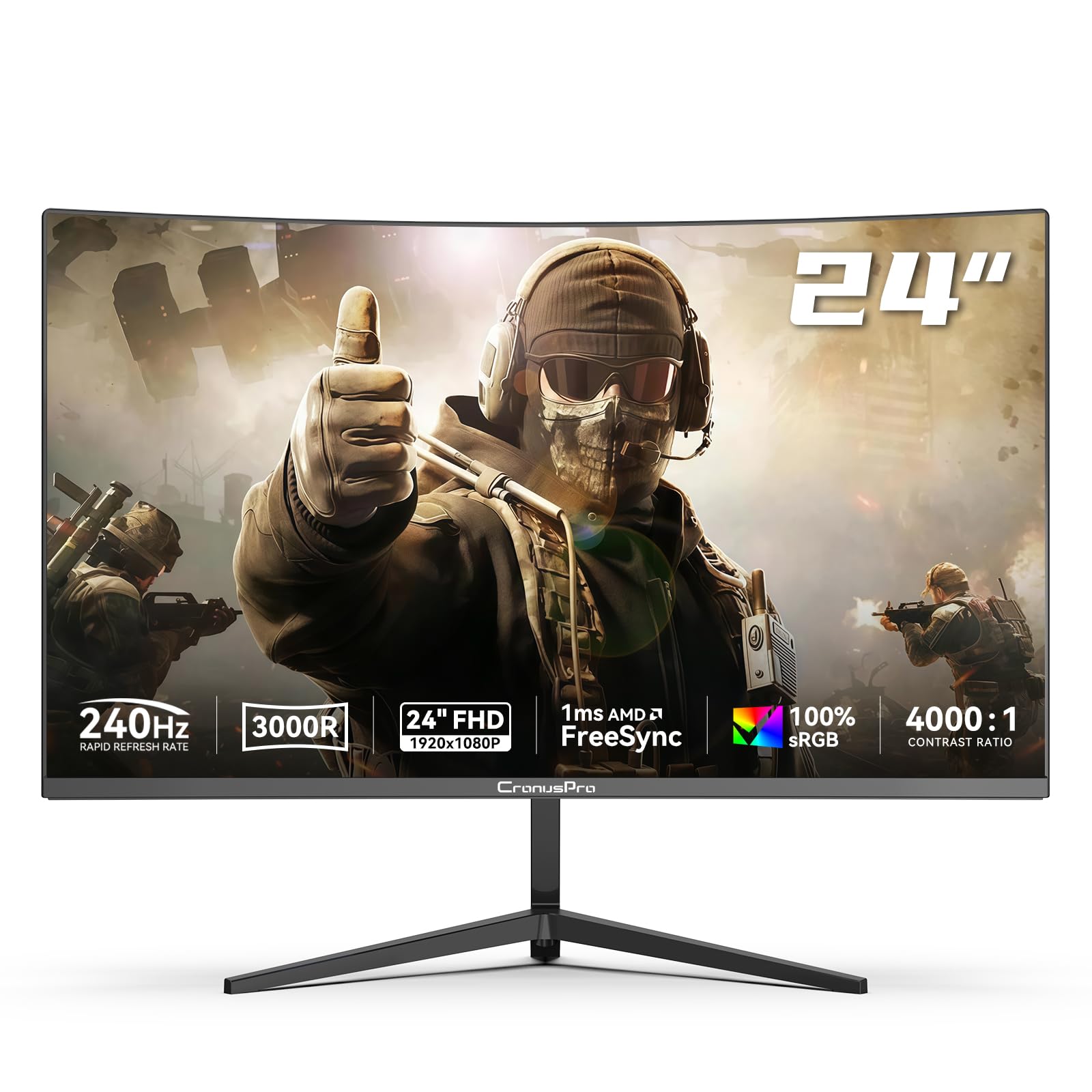 CronusPro 24 Zoll Curved Gaming Monitor, 240Hz, 1ms MPRT, AMD FreeSync, FHD 1920 x 1080, 3000R, VA Panel, 16:9, sRGB 100%, HDR, Eye Care, HDMI/DisplayPort, VESA Mount 75 * 75mm, PC Bildschirm Schwarz