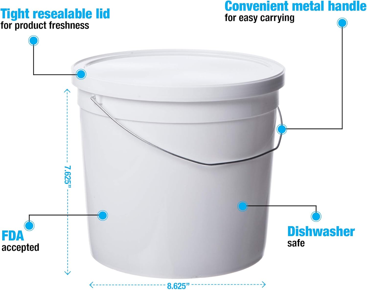 Consolidated Plastics Pail with Handle, HDPE, 6 Quart, White, 10 Piece