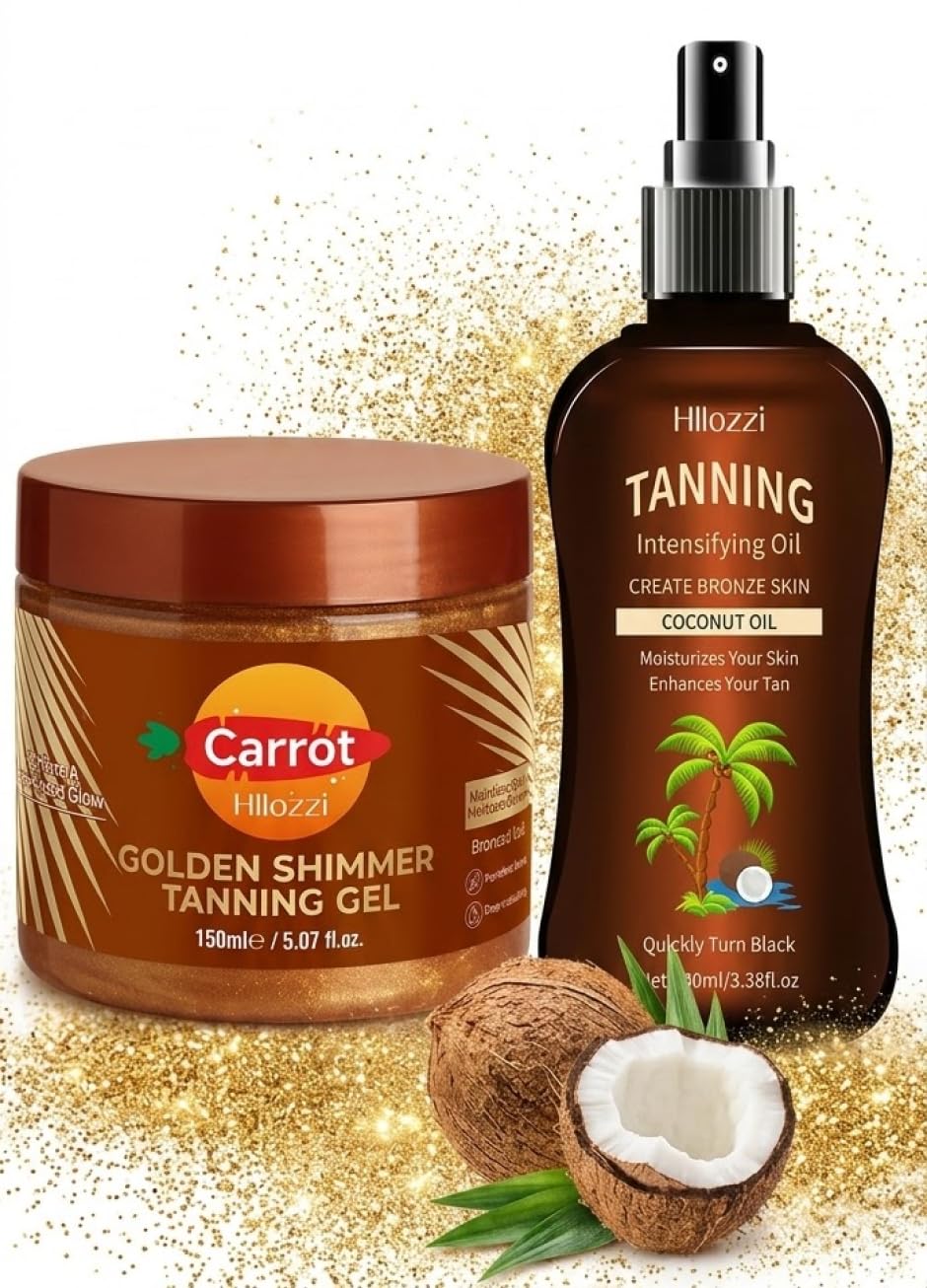Golden Shimmer Carotene Intensive Tanning Gel + tanning oil. Natural Tan Accelerator Lotion for Face & Body, 5 oz (Set of 2)