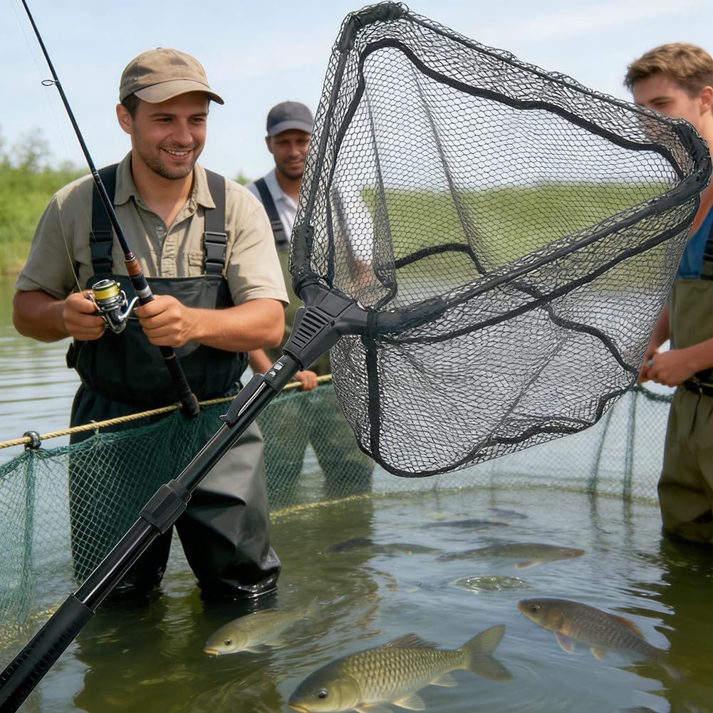 Épuisette de pêche pliable 90 cm - Cadre triangulaire stable - En caoutchouc - Pour étang, ruisseaux, lacs et pêche en bateau