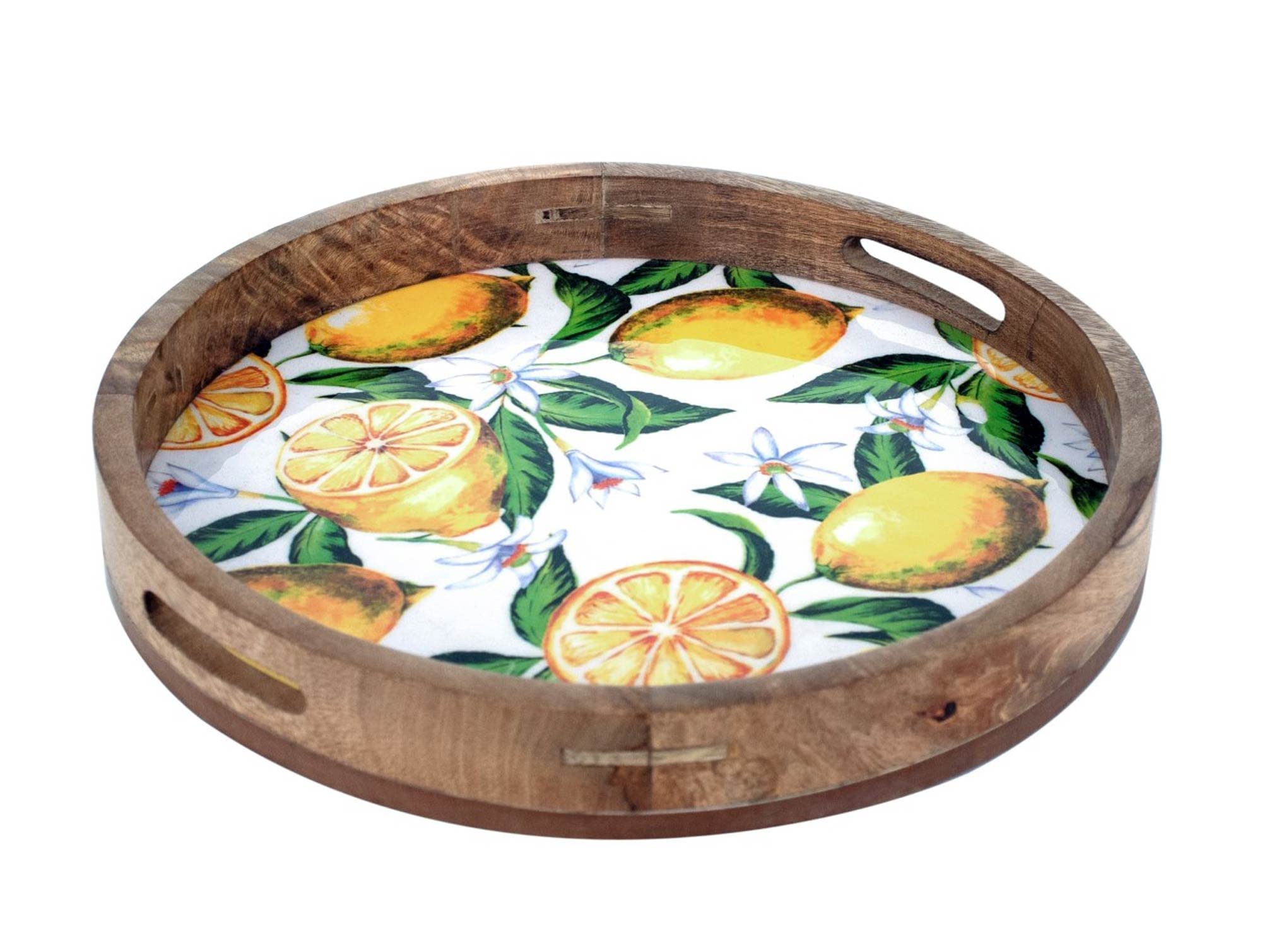ORIGEN Plateau de service Rond, Bois de Manguier et Thème Citrons. Diamètre 35 cm.