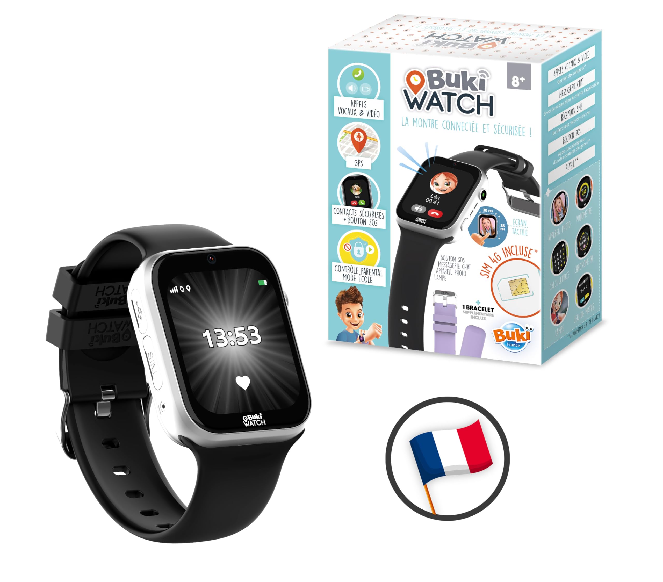 Smartwatch dla dzieci z dołączoną kartą SIM - połączenia, GPS, SOS, wideo, wodoodporny, kontrola rodzicielska za pomocą aplikacji - 2 paski - od 8 lat - gotowy do pracy - zegarek BUKI - FIB01