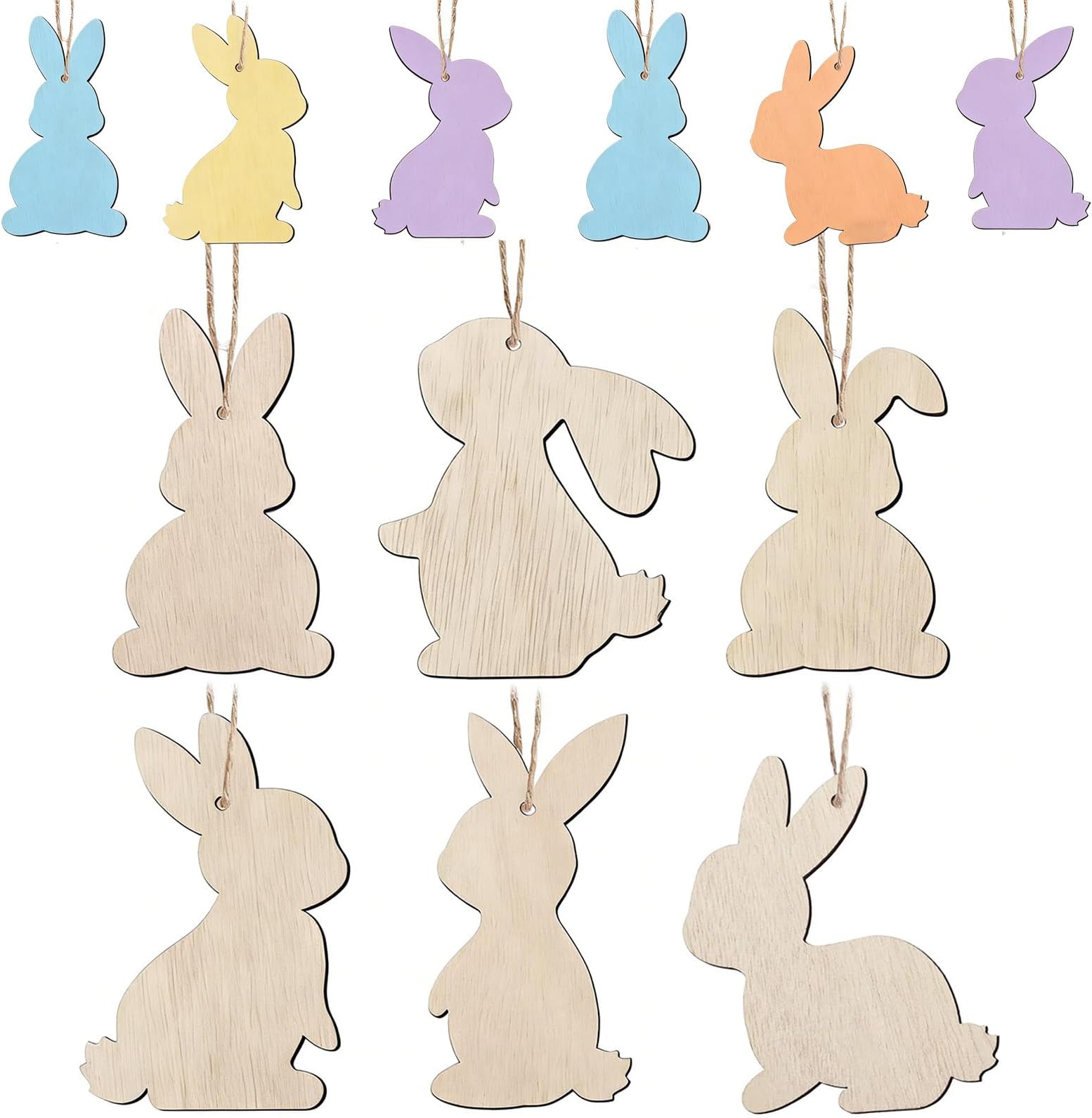 12 Pcs Easter Bunny Decorations, Wooden Rabbit Ornaments, Easter Hanging Decorations for Kids Crafts Gift Tags Paintable Wooden Rabbit Diy Tags Party Easters Spring Party Crafts Hanging Ornaments
