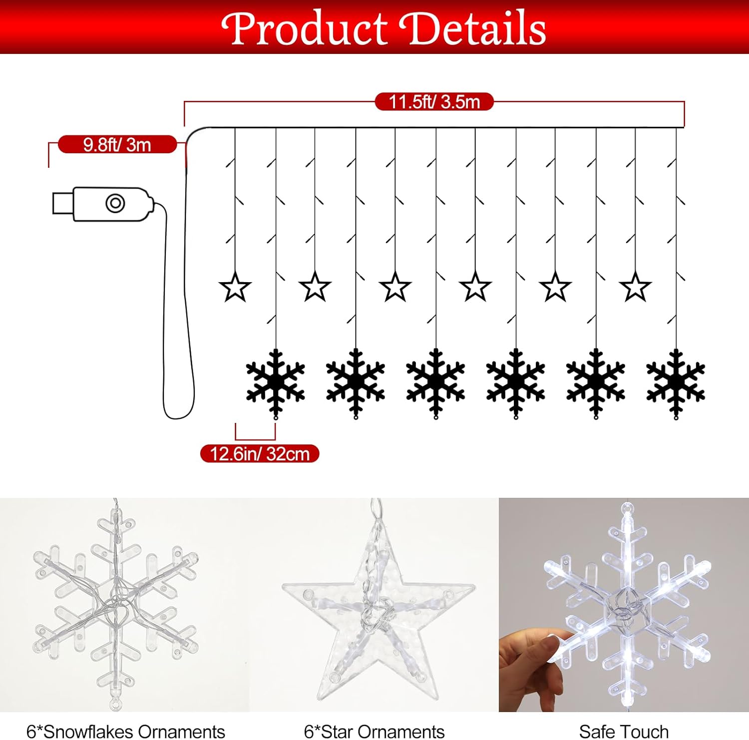 Lewondr 138 LED Christmas String Curtain Lights, Hanging Fairy Lamp with 6H Timer & 8 Modes, USB & Remote Control Snowflake+Stars String Lights for Xmas Wedding Party Xmas Indoor Decor, White Light