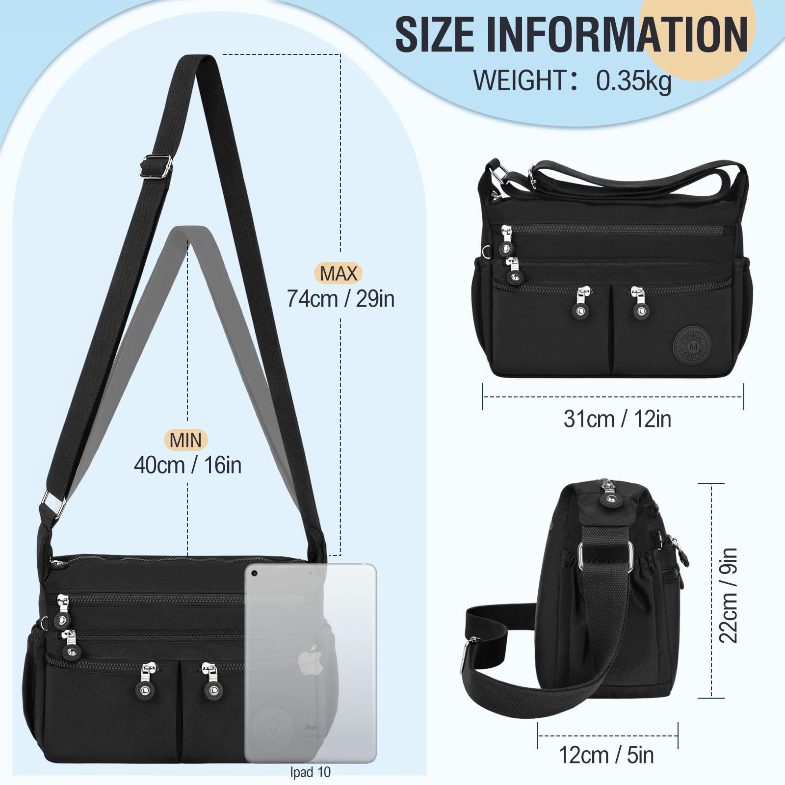 TEUEN Sac Bandoulière Femme Grande Capacité Sac à Main Bandoulière Imperméable en Nylon Messager avec Bandoulieres Réglable et Multi-Poches pour Voyage Université Usage Quotidien