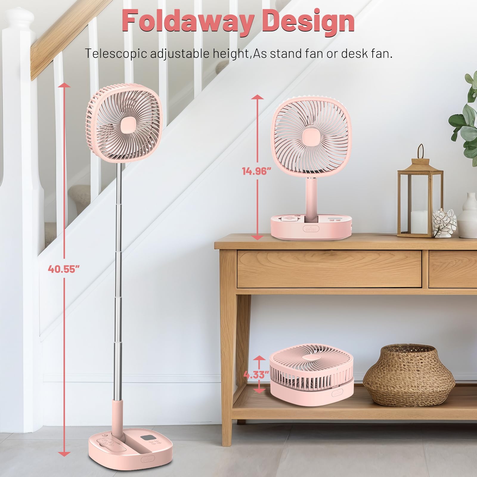 Ventilador de pedestal oscilante portátil con Romote, 4 velocidades de rotación telescópica de 120°, ventiladores plegables plegables de pie, 7200 mAh recargable, temporizador silencioso para 5
