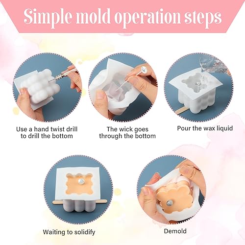 Miniatura 5 de Moldes de silicona 3D para velas y jabón, 6 cavidades con 50 mechas y varillas de apoyo, taladro giratorio a mano superpuesto para chocolate,