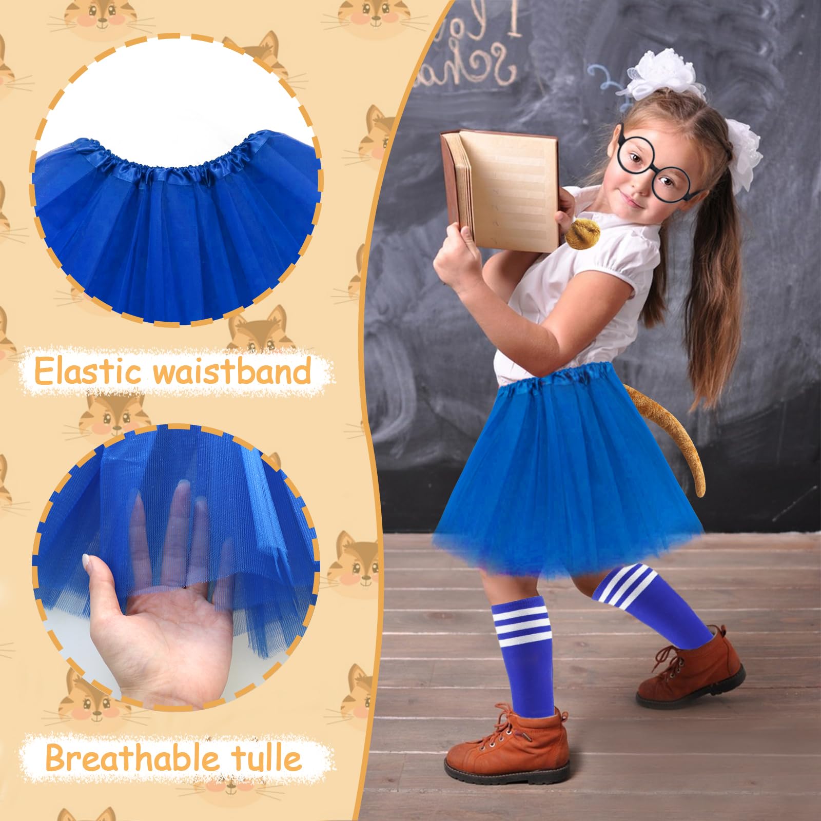 7 PCS Kids Chipmunks Fancy Dress Outfit,Chipmunks Costumes Set including Chipmunk Headbands,Tail,Bow Tie,Glasses,Tutu Skirt,Socks,Chipmunks Costumes for World Book Day Halloween Party Animal Cosplay (Blue) - Image 3