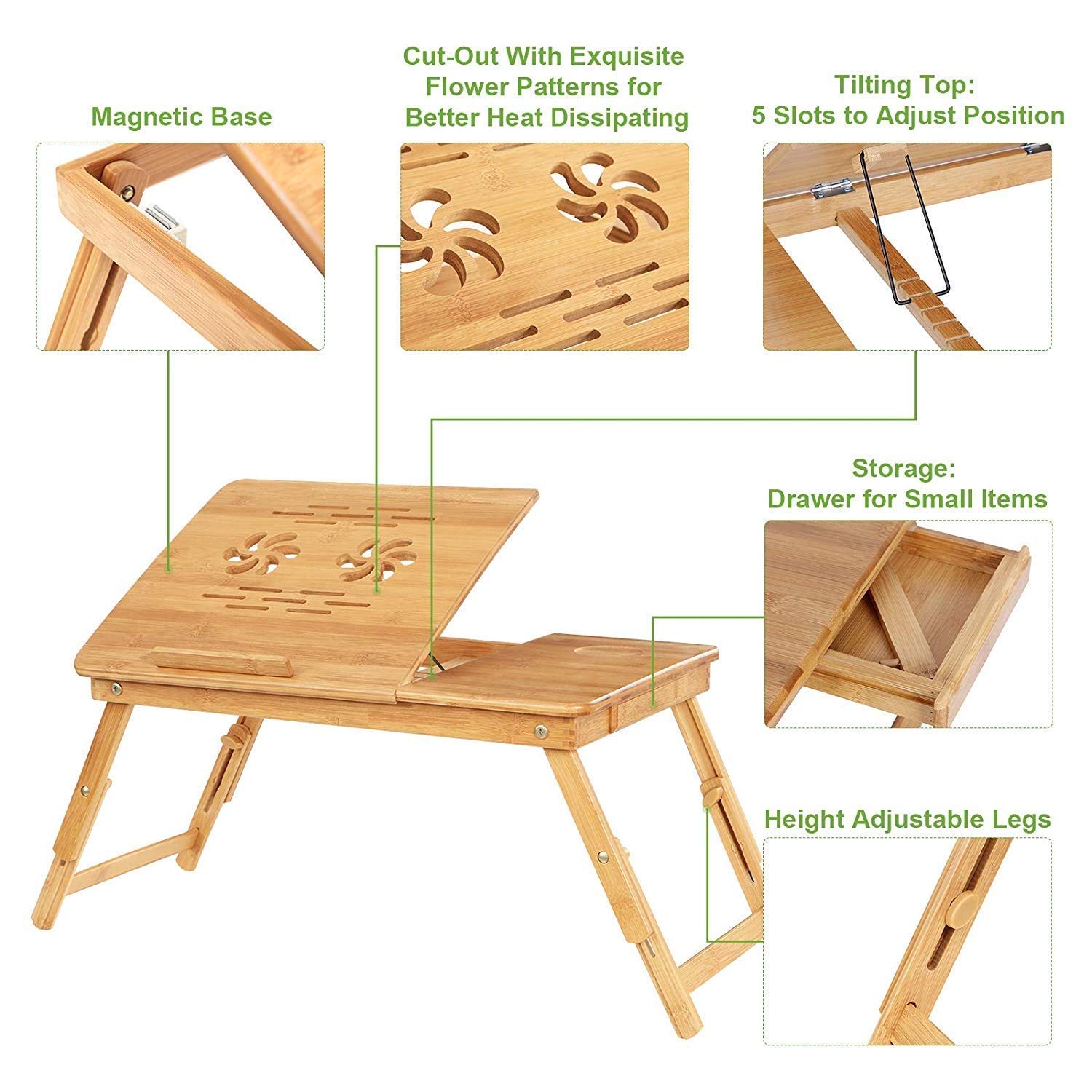 Snazzy Bamboo Laptop Desk, Adjustable Portable Breakfast Serving Bed Tray with Tilting Top Drawer for Surfing Reading Writing Eating (Bamboo) Wood, Beige, 30 x 50 x 22 cm