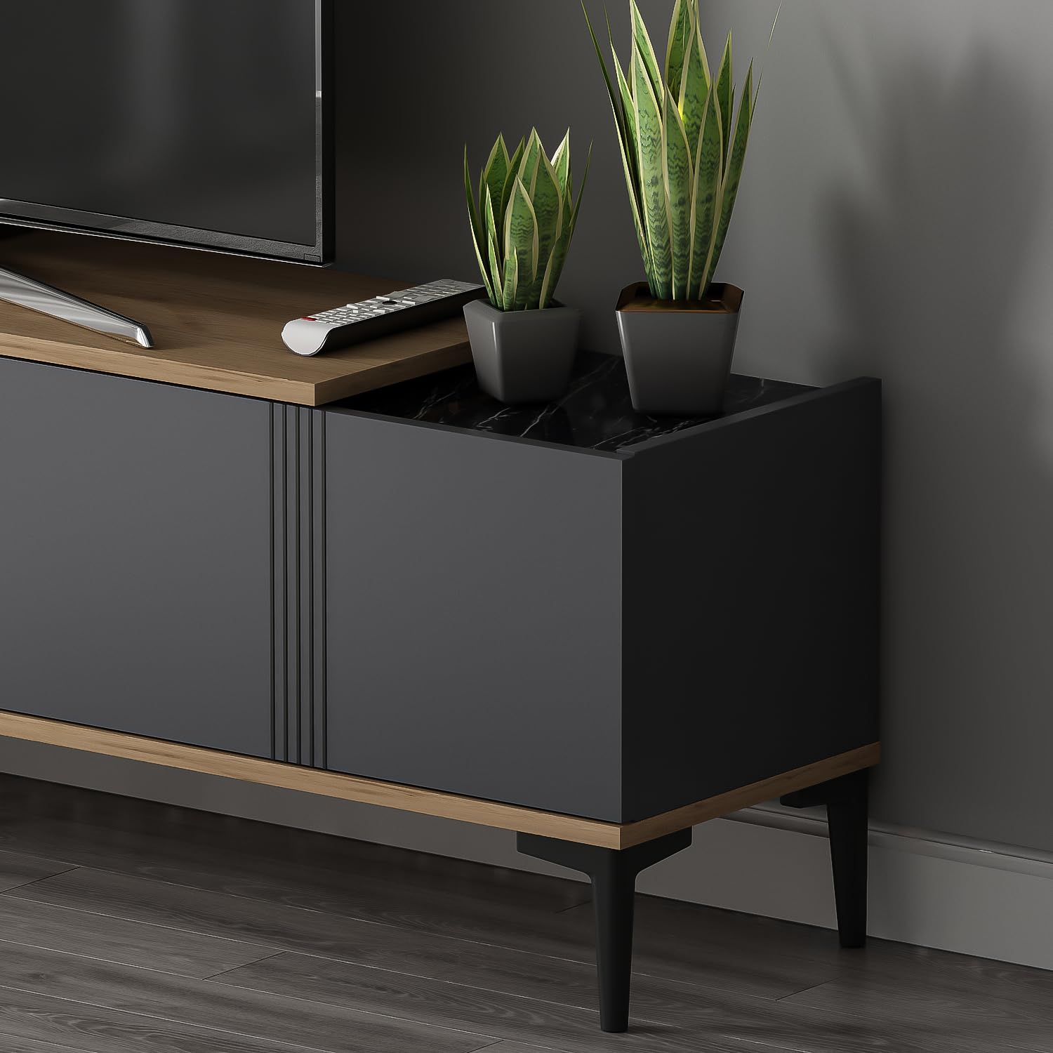 Homidea Modena - Meuble TV bas de 180 cm avec portes et espace de rangement - Meuble TV au design scandinave - Pour salon (chêne clair - anthracite)