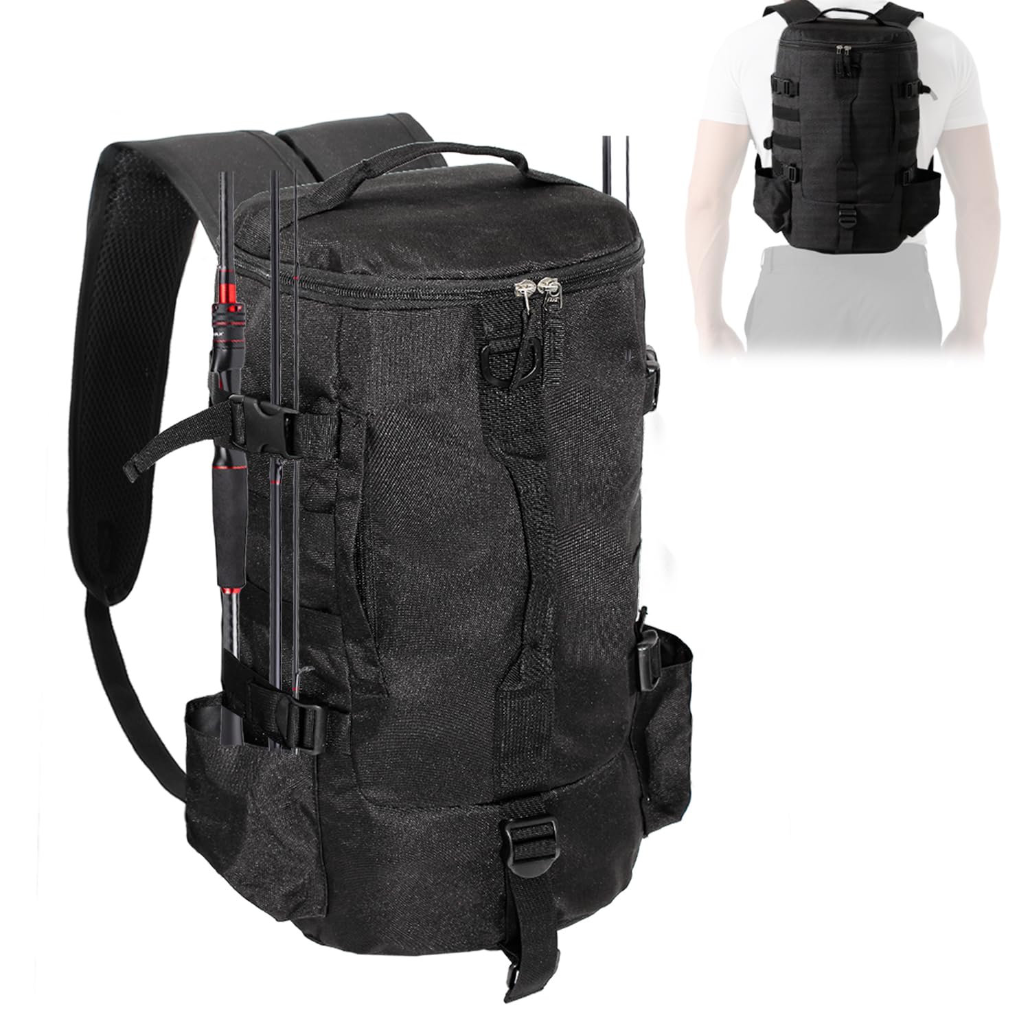 Fishing Tackle Backpack with Rod & Bottle Holder, Lightweight Outdoor Water-Resistant Fishing Gear Shoulder Storage Bag (Black)