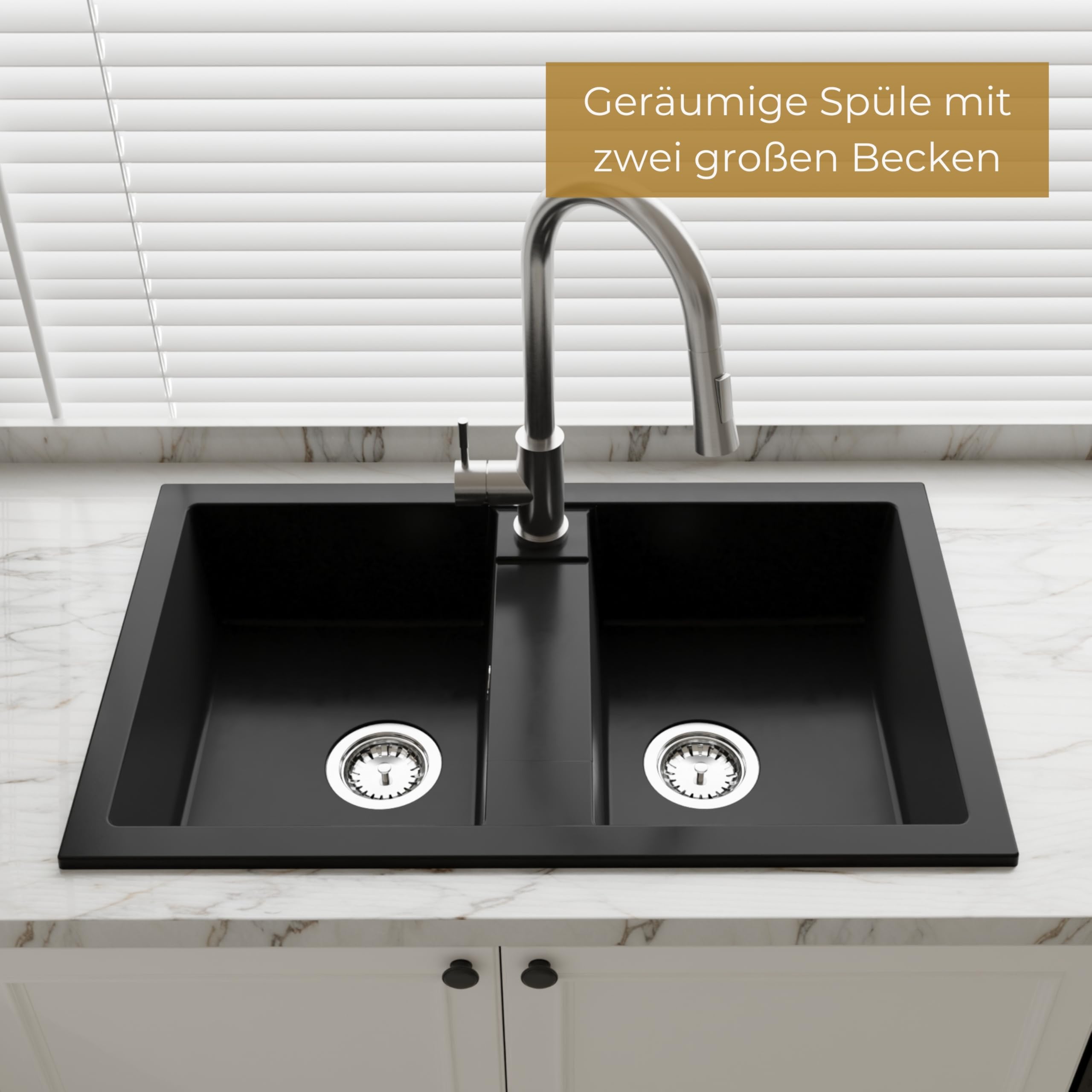 SINK QUALITY Doppel Spülbecken schwarz 78x48 cm, Doppelspüle mit Siphon und Imprägniermittel, Granitspüle 2 Becken - Küchenspüle ab 80er Unterschrank