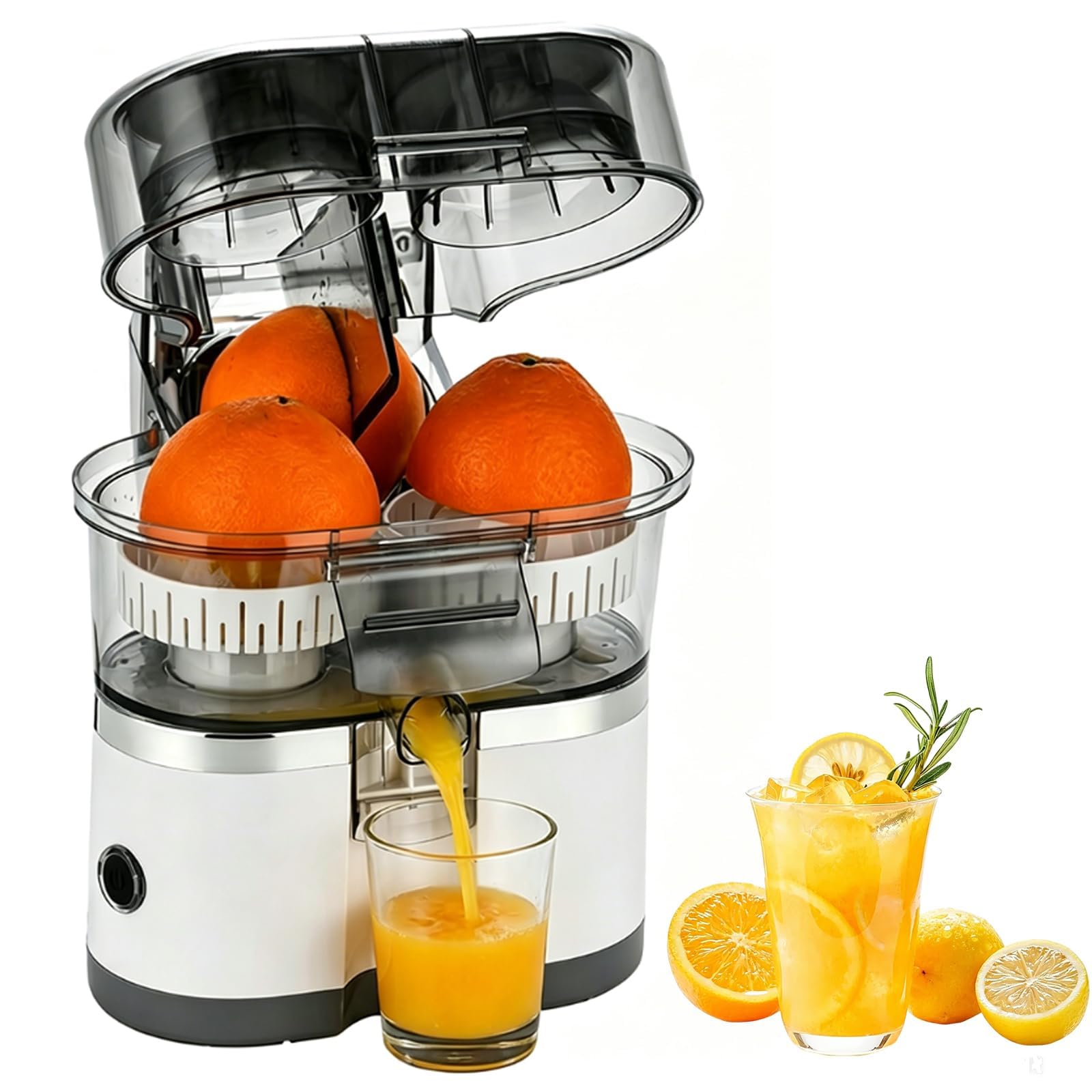 Exprimidor de cítricos eléctrico de doble cabezal, exprimidor de naranjas con cortador incorporado, para naranja, limón, lima y pomelo White