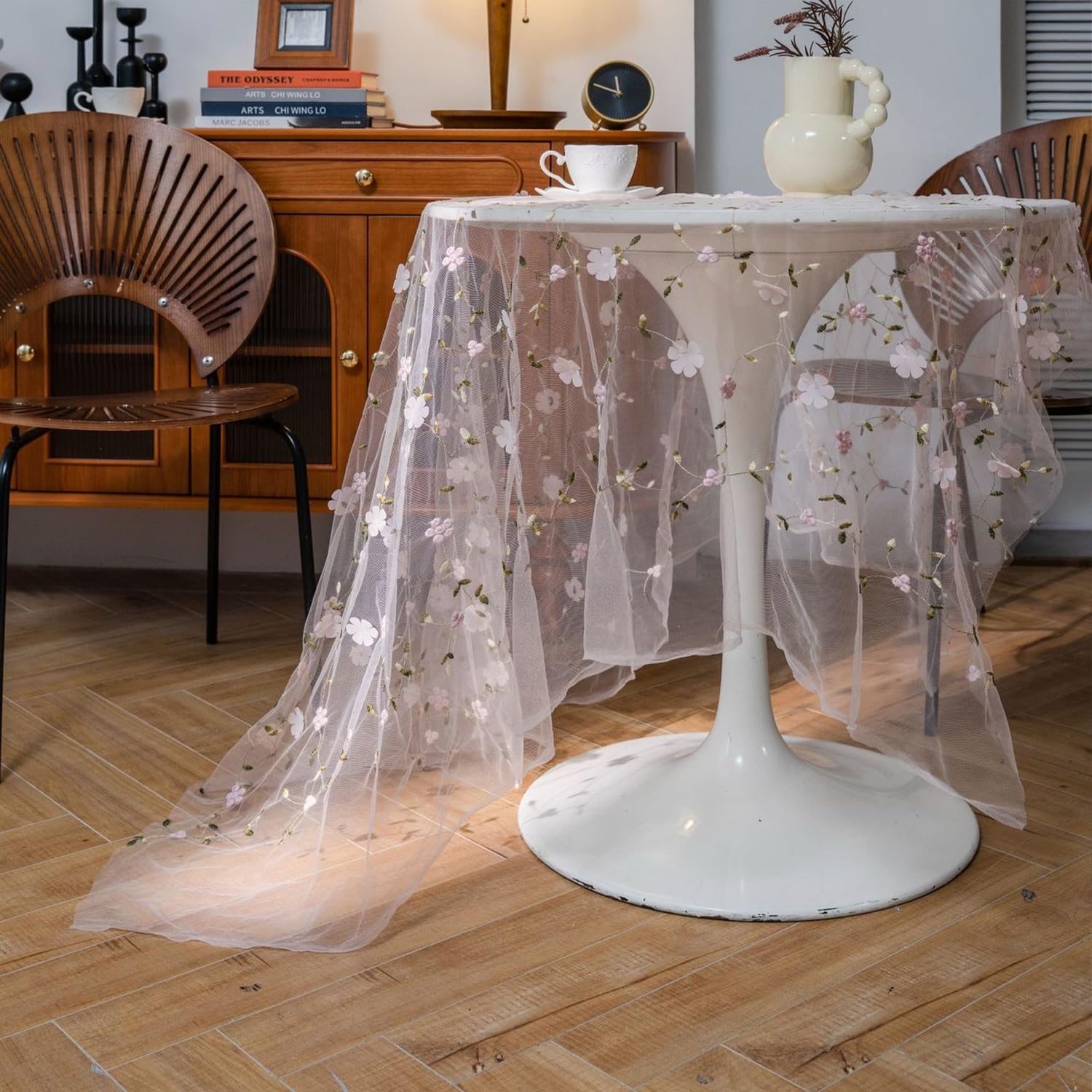 FOELANNE Embroidered Lace Tablecloth, Embroidered Flower Lace Tablecloth Multicolor Multiple Sizes(Pink Flower,150x220cm)
