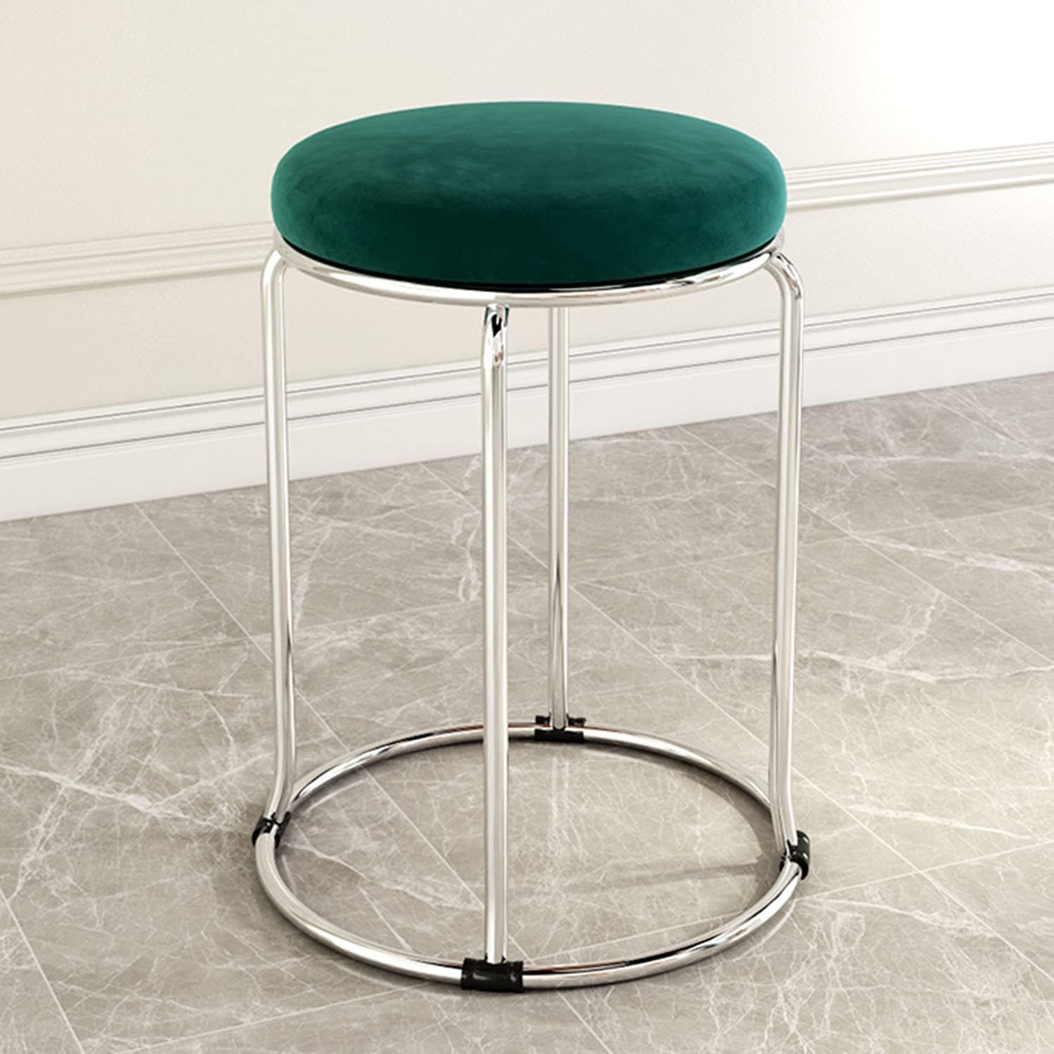 NUTECH IMPEX Vanity Stools Coffee/Tea/Milk Shop Bar Stools Bedroom Velvet Household Round Dining Stool Metal Stool Legs with Non-Slip Foot Pads, Multi-Purpose Seating (Silver Legs, Green)
