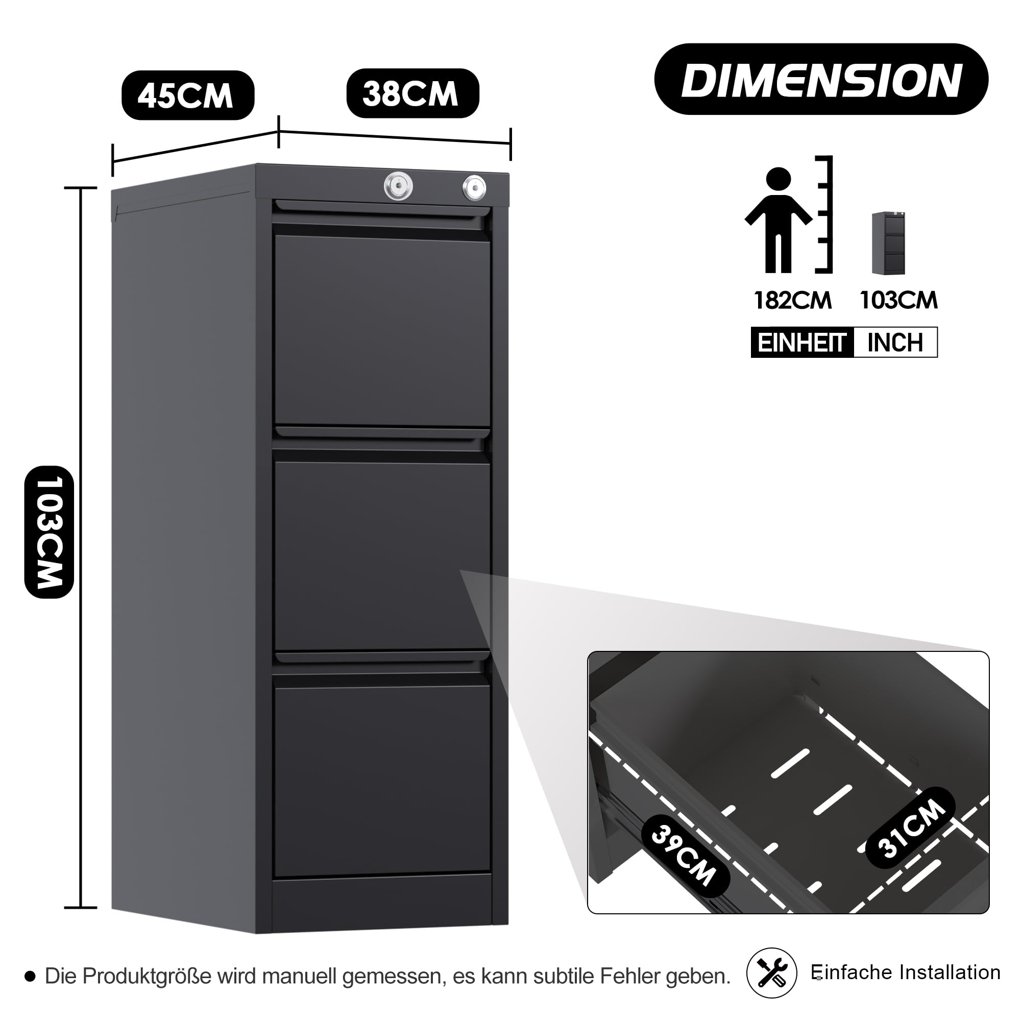 SUPEER Armario Archivador Metálico, 3 Cajonera Oficina, Bloqueable, Incluye 2 Llaves, Dispositivo de Inserción, Muebles Oficina - 103x38x45cm(Negro)