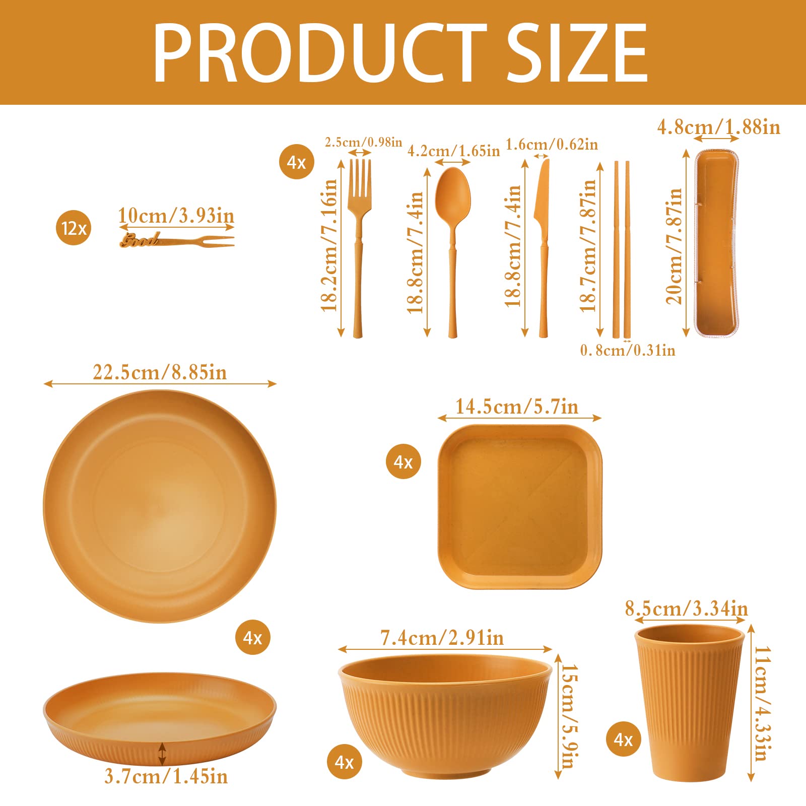 Vaisselle Camping, 48 Pcs d’Ensemble de Vaisselle en Porcelaine, Set de Vaisselle Complet Compris Bols Assiettes à Salade Assiettes à Dessert Tasses Couteaux Fourchettes Baguettes et Cuillères