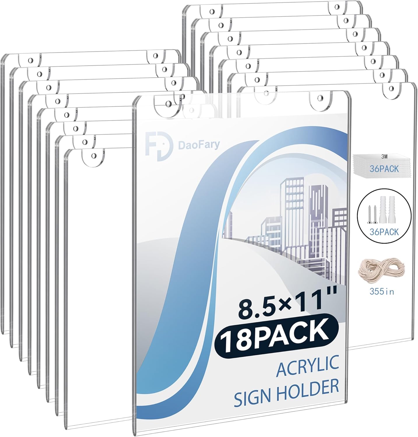 Daofary 6 Pack Wall Mount Acrylic Sign Holder 8.5 x 11, Clear Wall Mounted Picture Frame for Document Display in Office, Store, Hotel and Business Settings (Adhesive Tape, Screws & Hanging Rope Included)