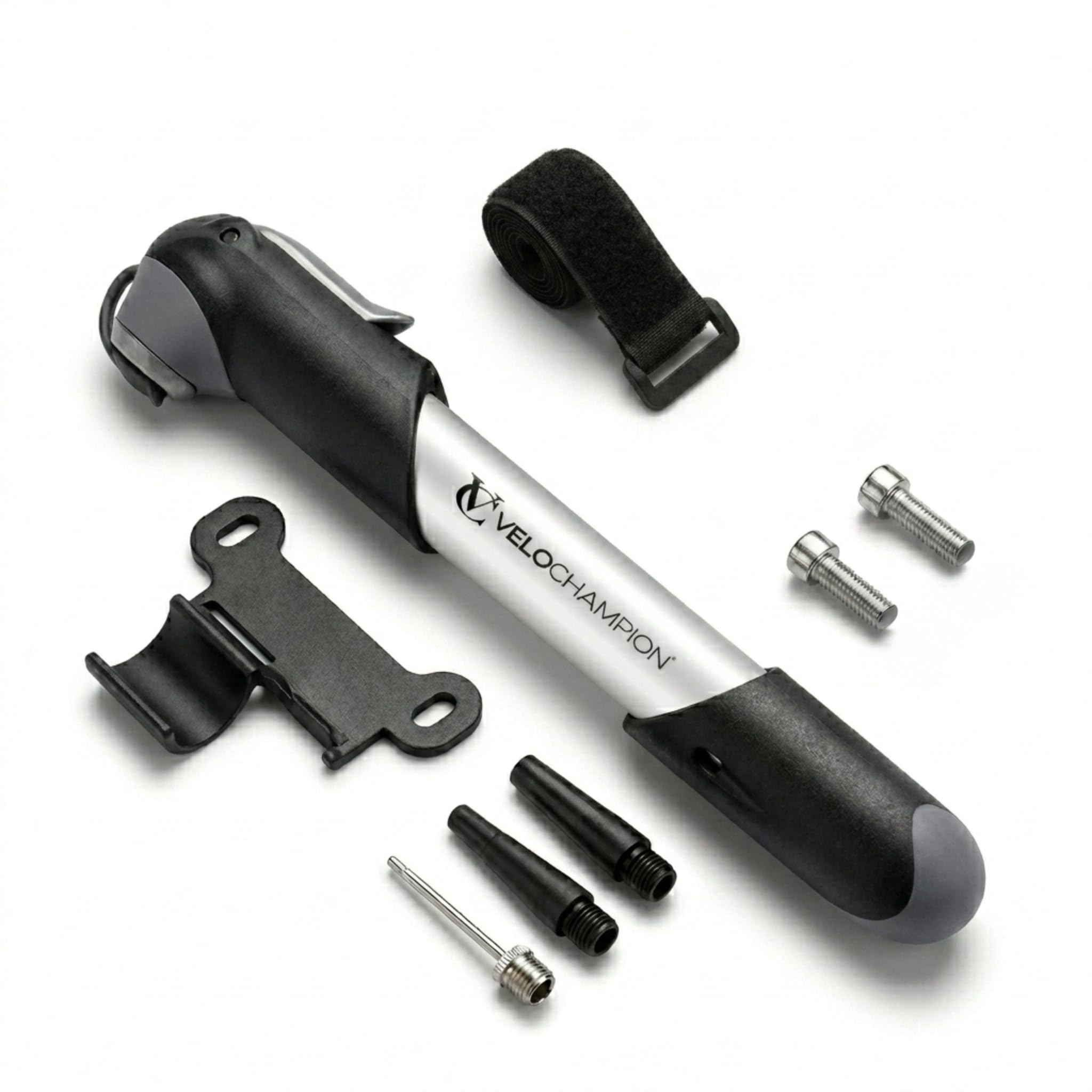 VeloChampion Mini Bomba Bicicleta 100 PSI/6,8 Bar para bicis Carretera, híbridas y eléctricas, válvulas Presta/Schrader/Dunlop, Soporte Cuadro y Aguja balón