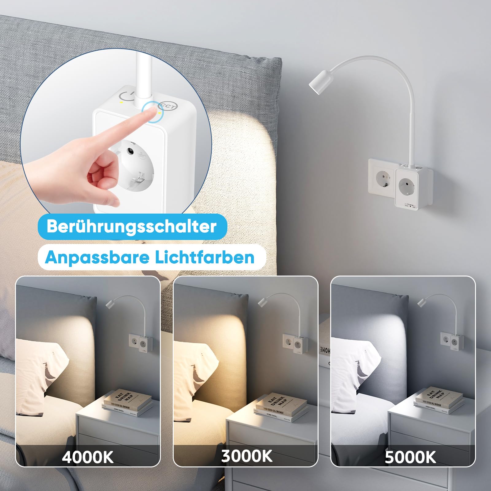 LED Strahler Wandleuchte Dimmbar Weiß mit Stecker und Steckdose, USB Ausgangslade Anschlusse, 2er Pack Steckdosenlampen LED für Schlafzimmer, Zwei Berührungsschalter, 3er Lichtfarben